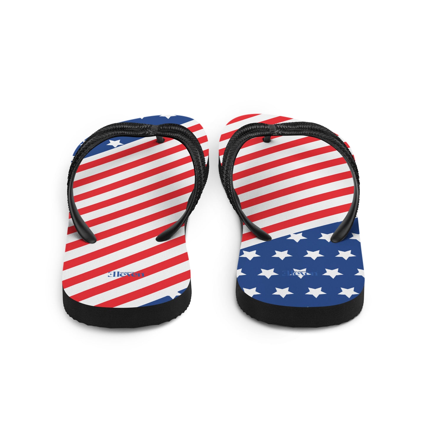 Back view of American stars and stripes flip flops with red white blue design and black straps
