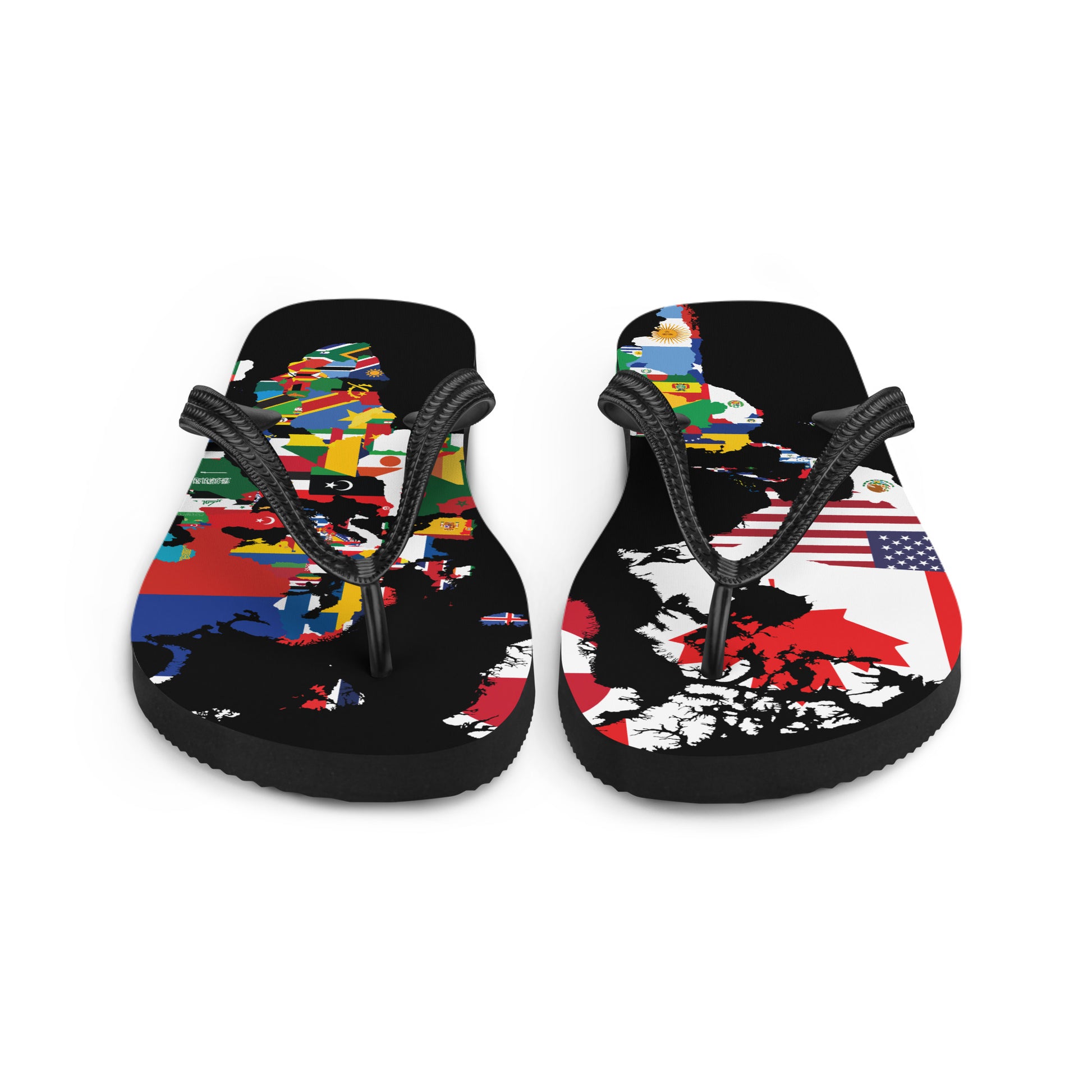 Front view of black flip flops featuring world map country flags design