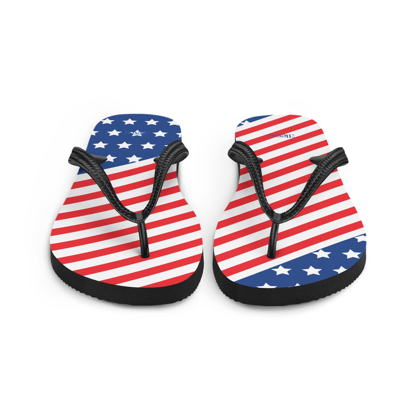 Front view of patriotic USA flip flops with red white stripes blue star panels and black straps