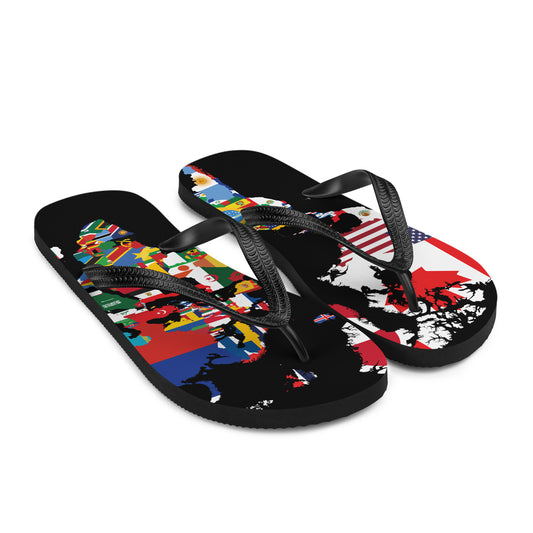 World map country flags flip flops in angled front view
