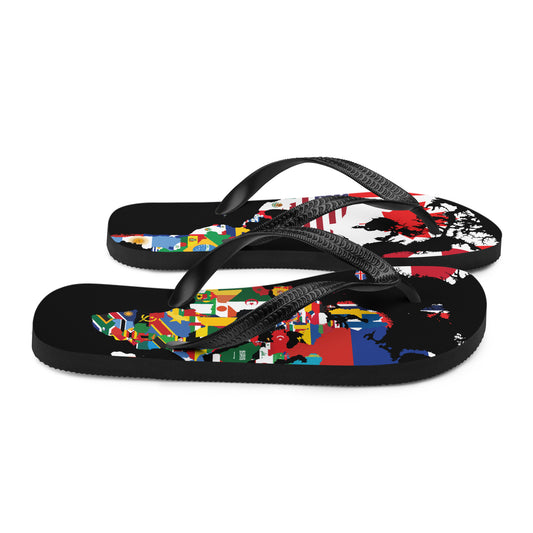 Black travel flip flops with world map flag design from side view