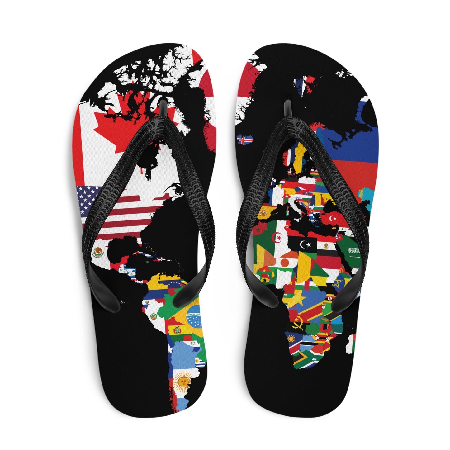 Top view of world map country flags flip flops with black straps