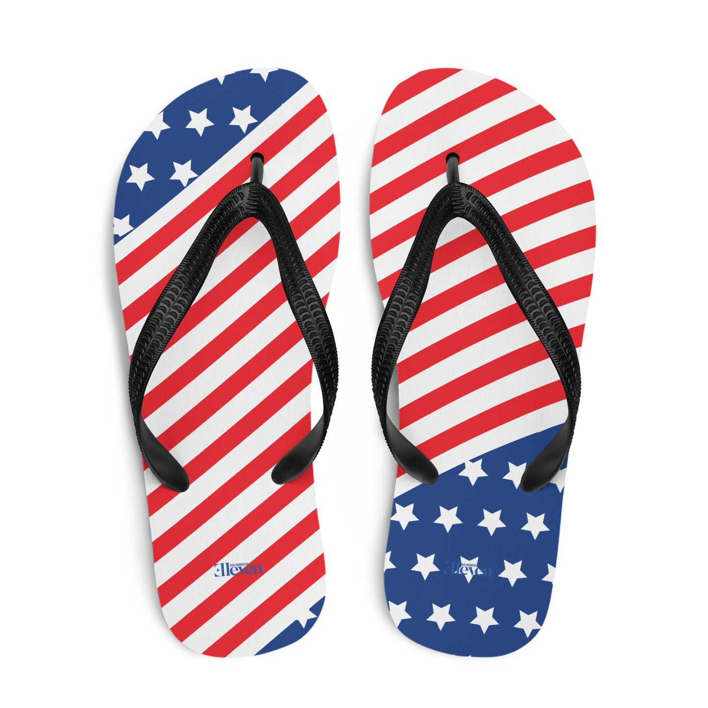 Top view of USA stars and stripes flip flops with red white blue patriotic pattern