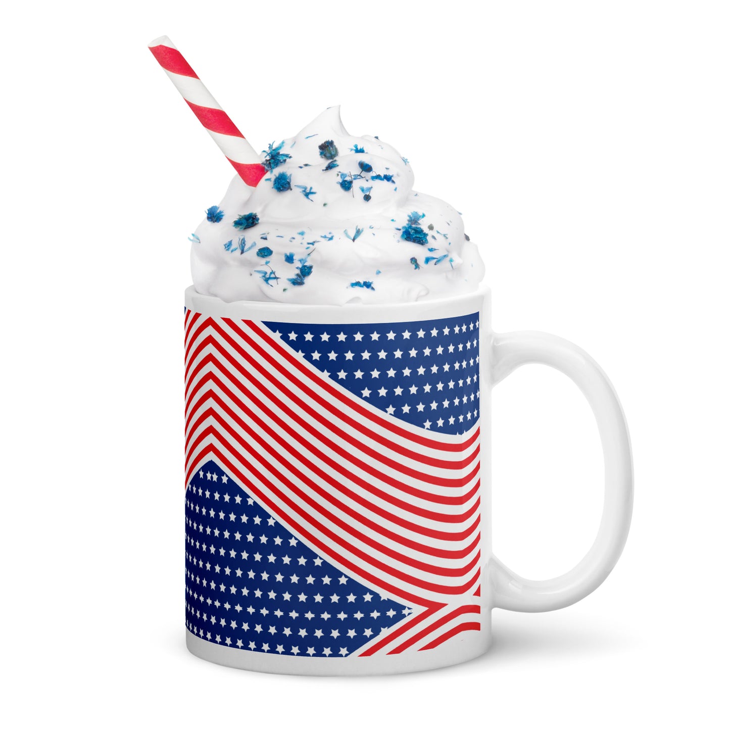 American stars and stripes glossy mug with red white curved stripes and blue star fields topped with whipped cream