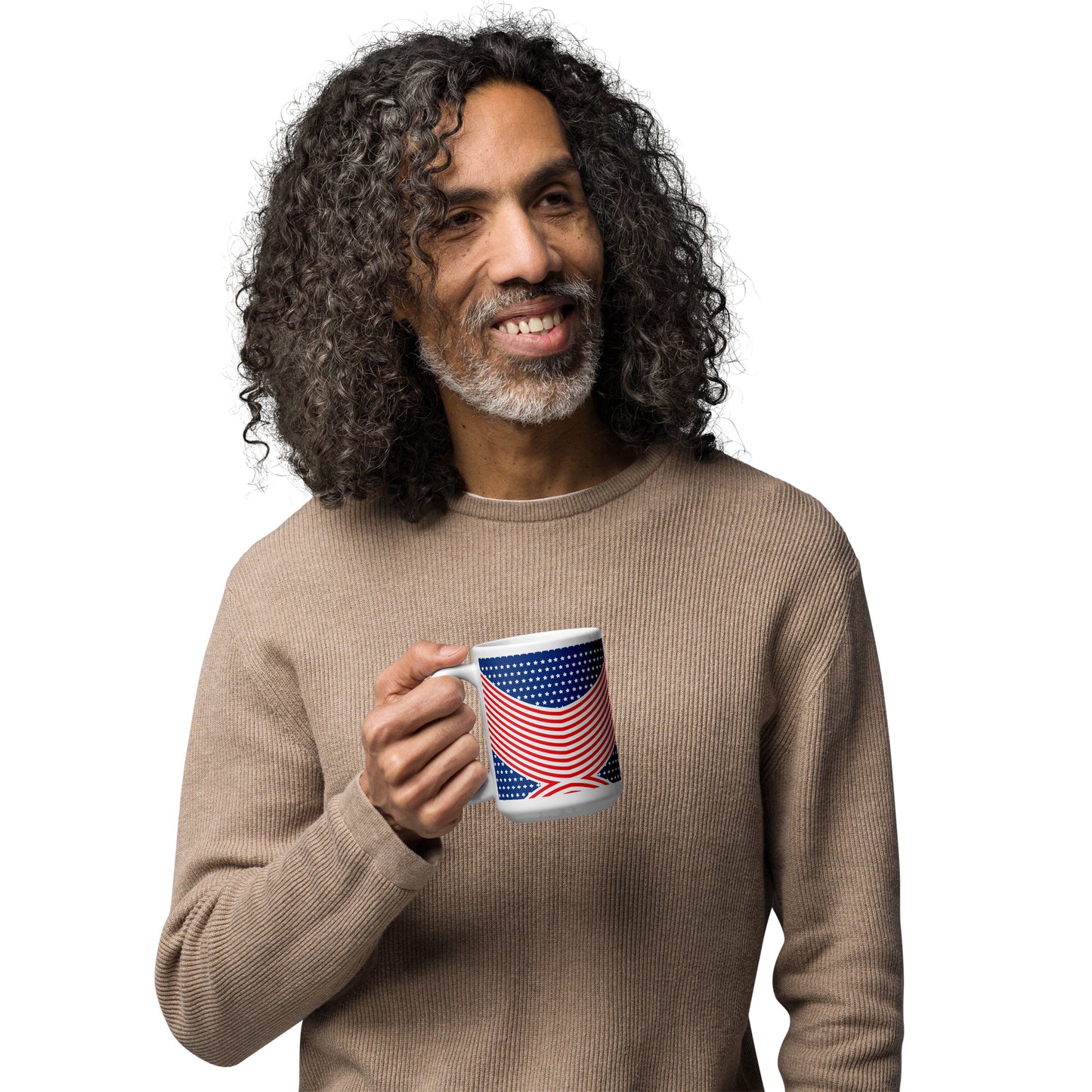 Man holding an American stars and stripes glossy mug with red white blue patriotic design