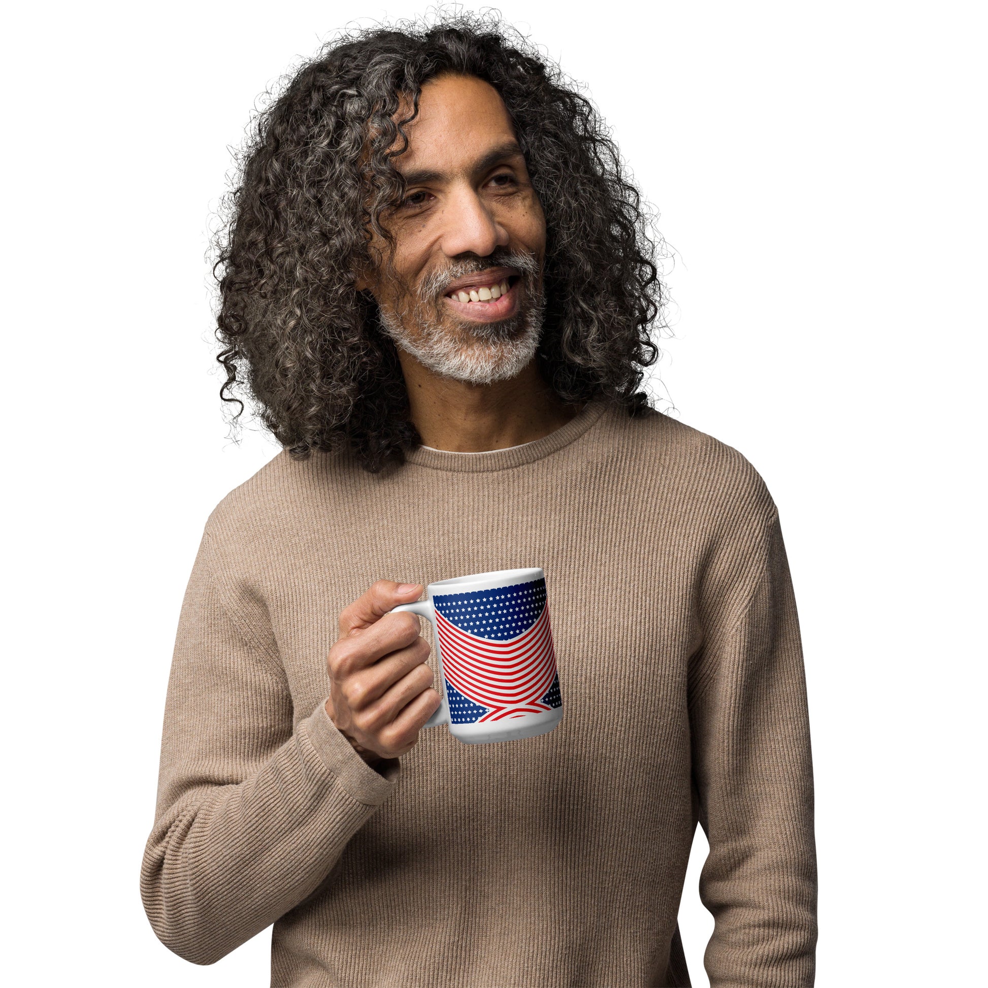 Man holding an American stars and stripes glossy mug with red white blue patriotic design
