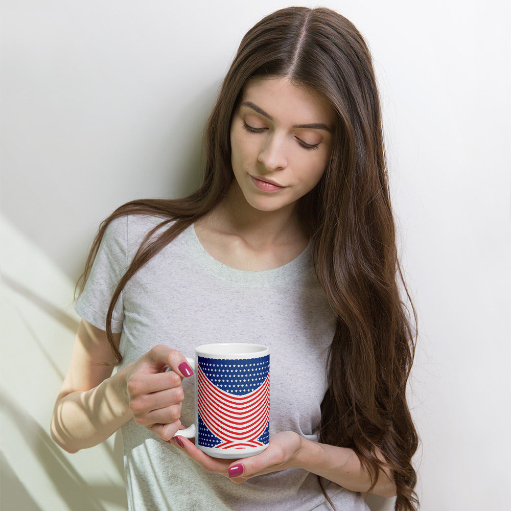 Woman holding an American patriotic glossy mug with curved red white stripes and blue star pattern