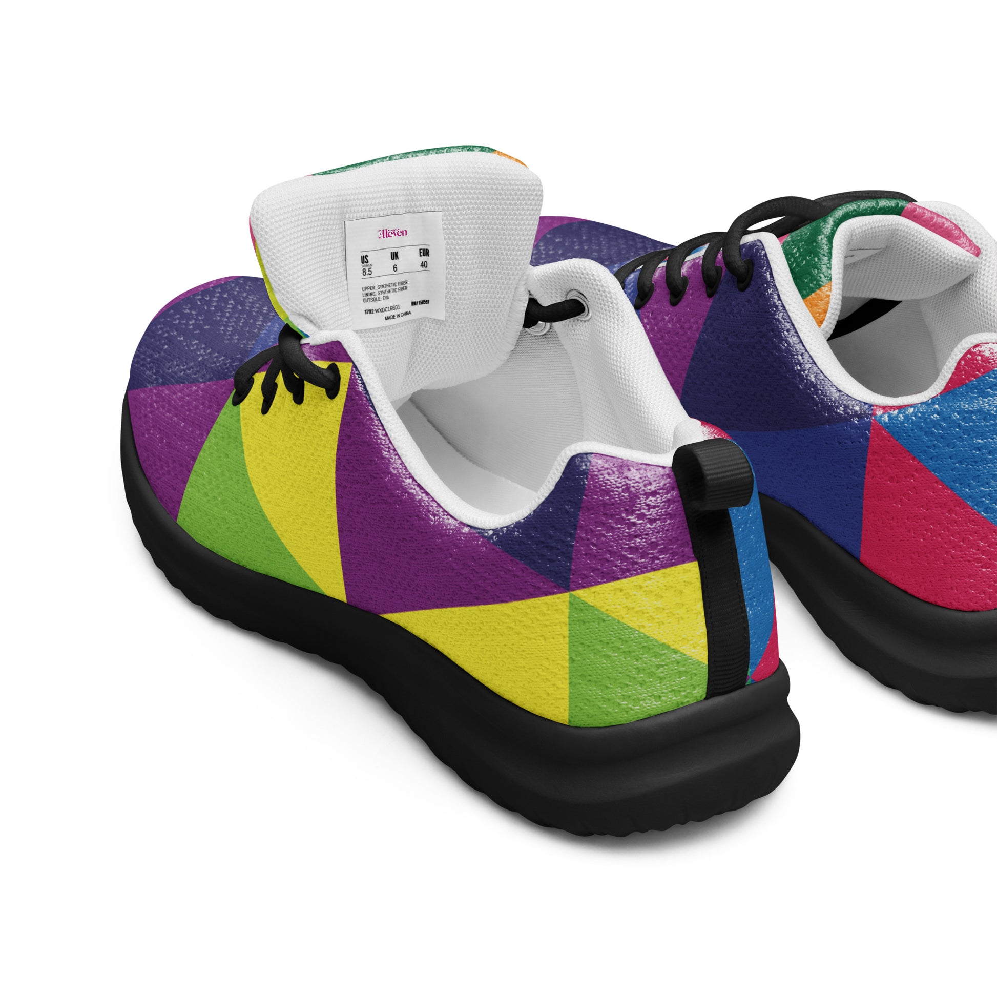 women’s athletic shoes with multicolor geometric pattern and black sole