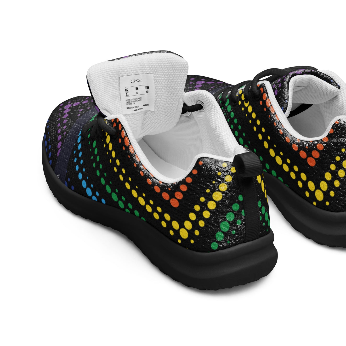 Rear side view of women’s athletic shoes with black sole and multicolor dotted wave pattern on a black background
