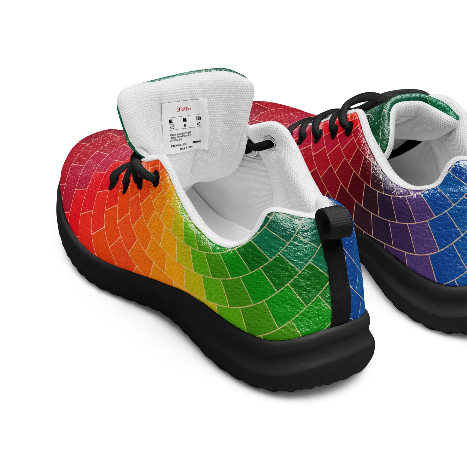 Back view of women’s athletic shoes with black sole and red green blue tile pattern
