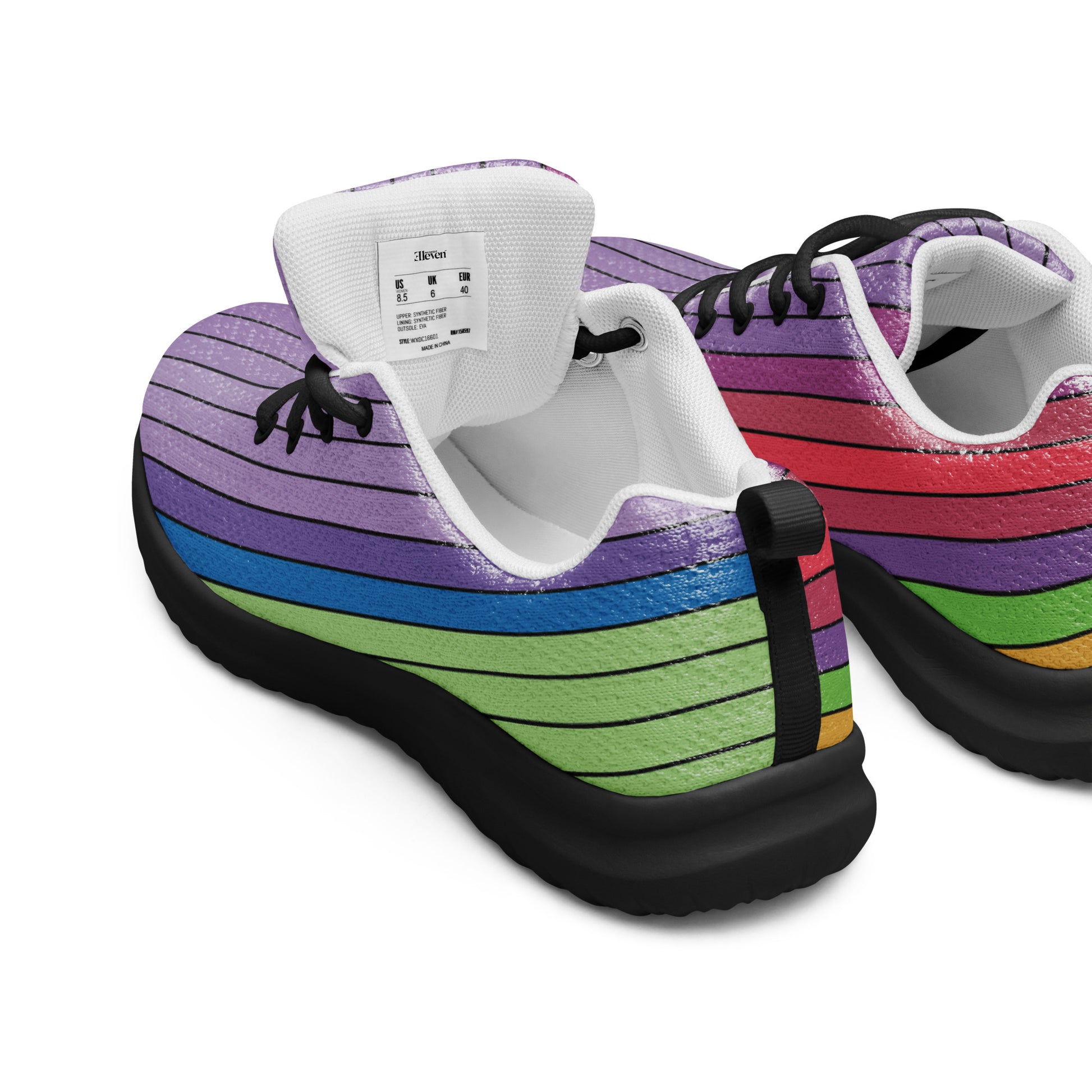 Back and side view of women’s athletic shoes with pastel rainbow stripe design, black sole, and lavender upper