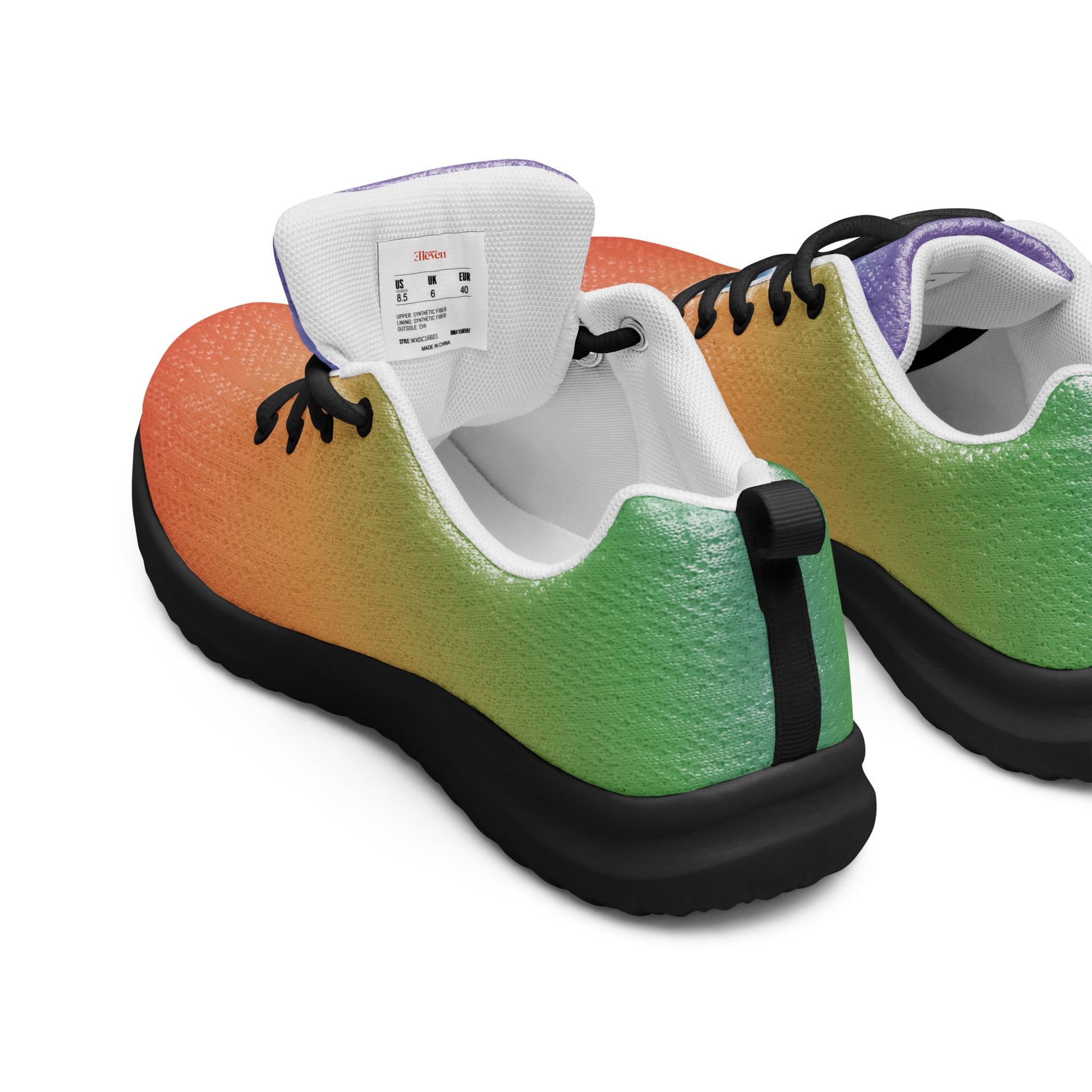 Back and side view of women’s athletic shoes with green-to-orange gradient upper and black sole