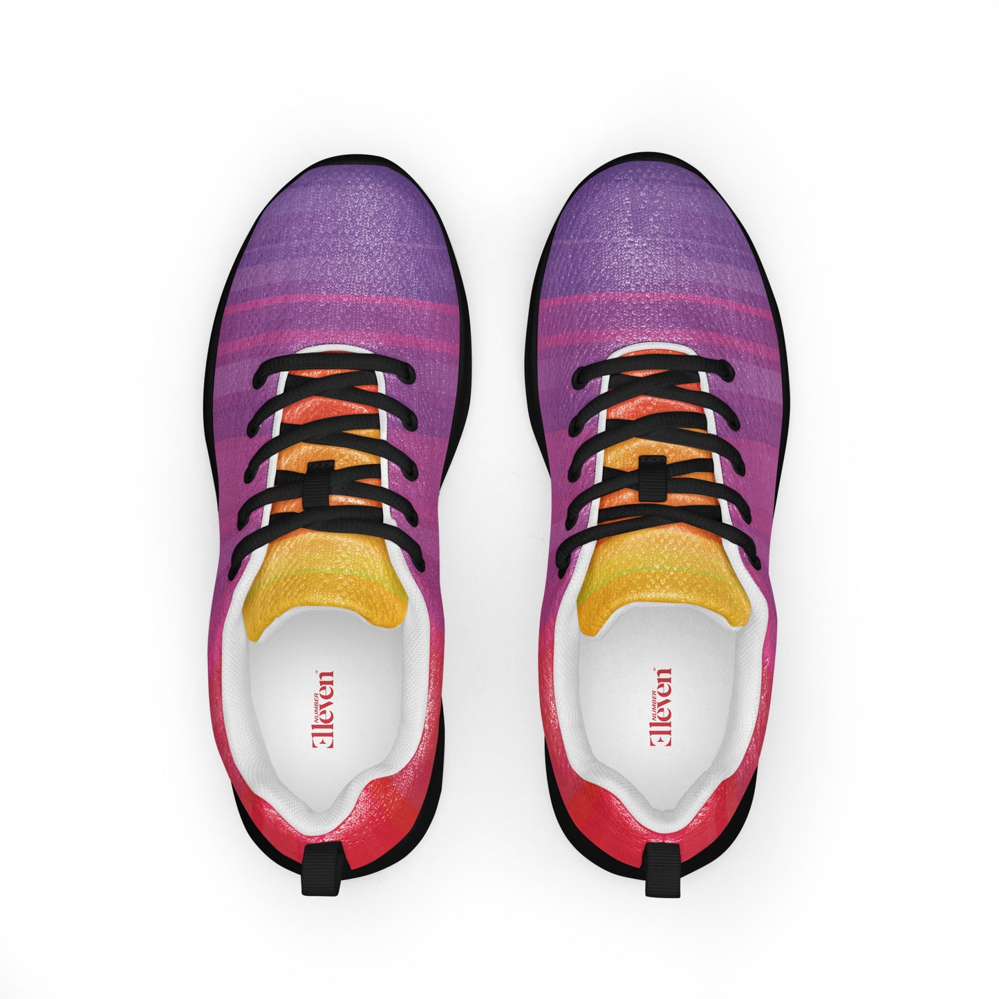 colorful women’s sport shoes with pastel gradient stripes in pink, violet, and orange tones