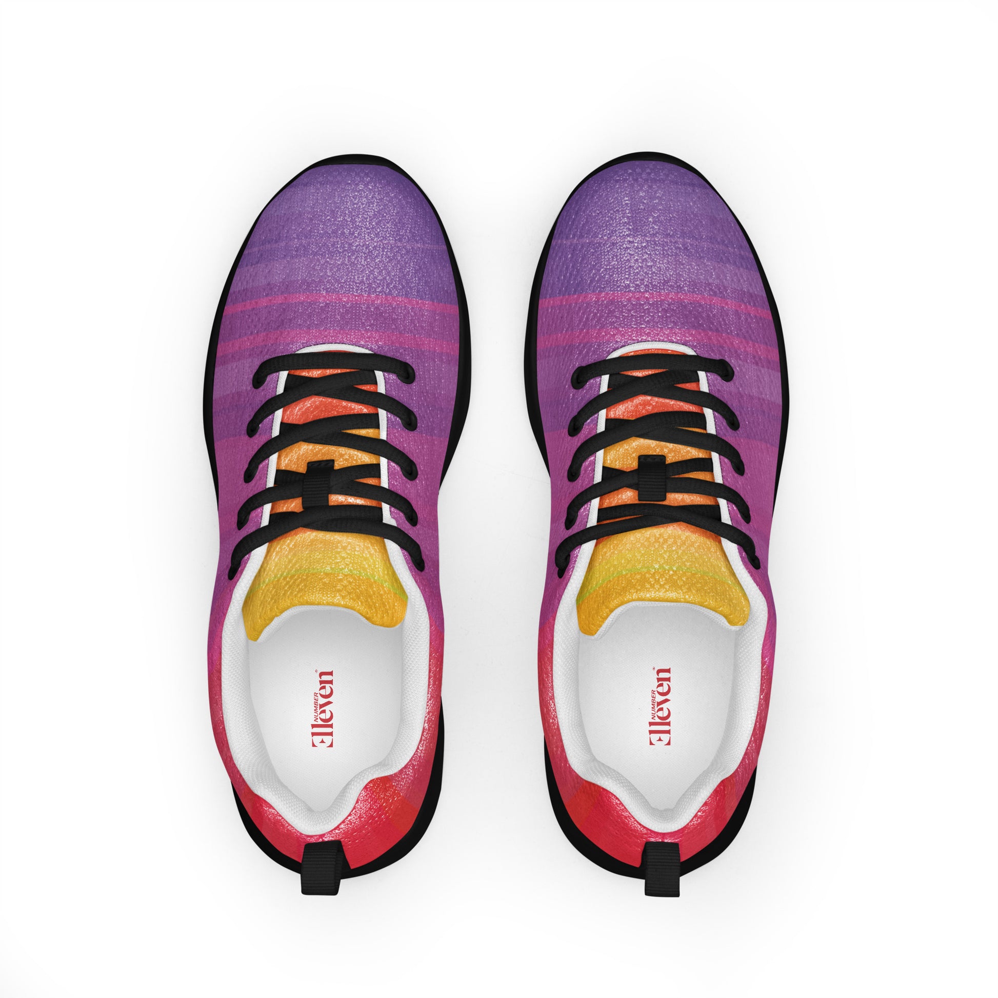 colorful women’s sport shoes with pastel gradient stripes in pink, violet, and orange tones