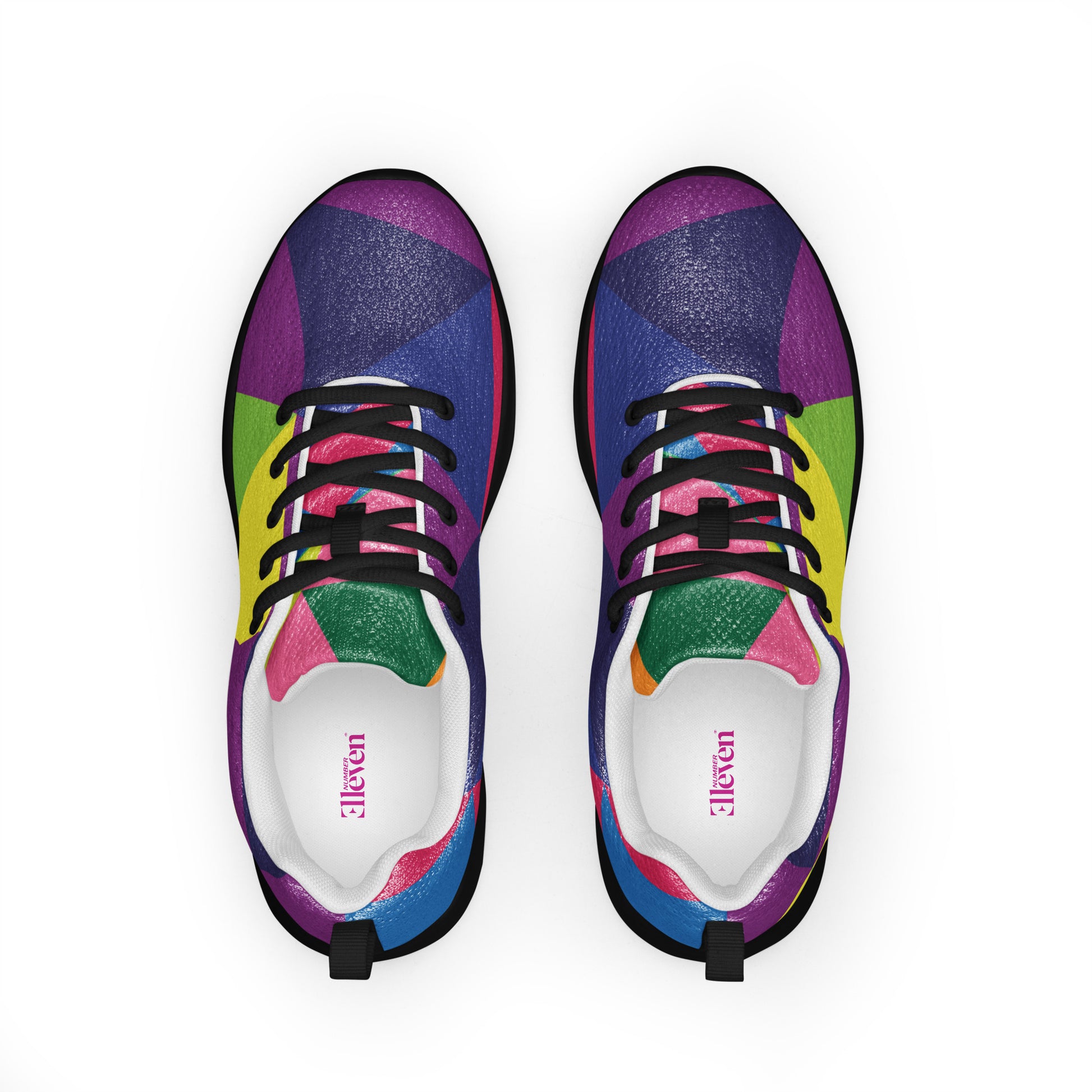 women’s athletic shoes with colorful geometric pinwheel design top view