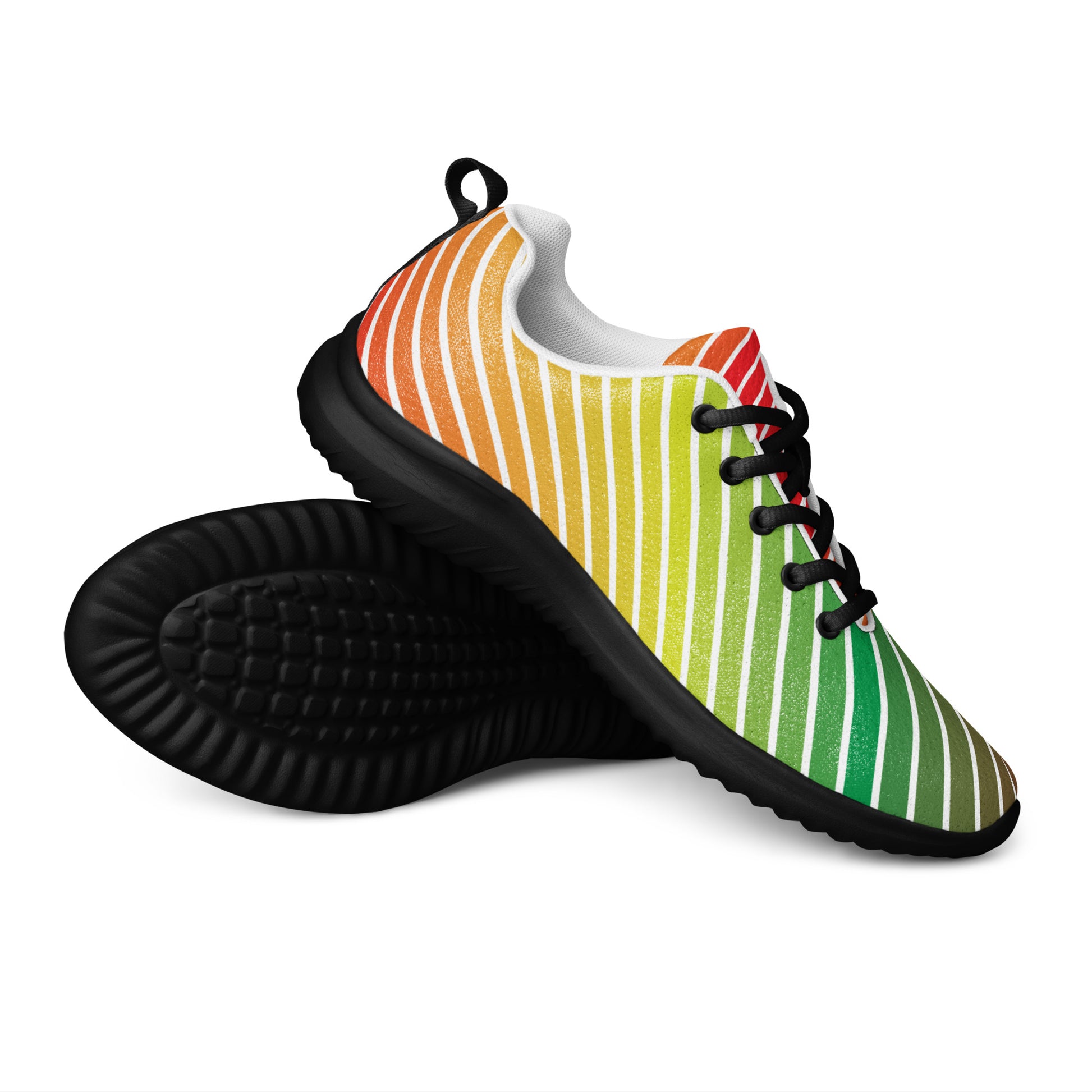 side view of women’s athletic shoes with curved stripe design in olive green lime yellow and orange on black sole