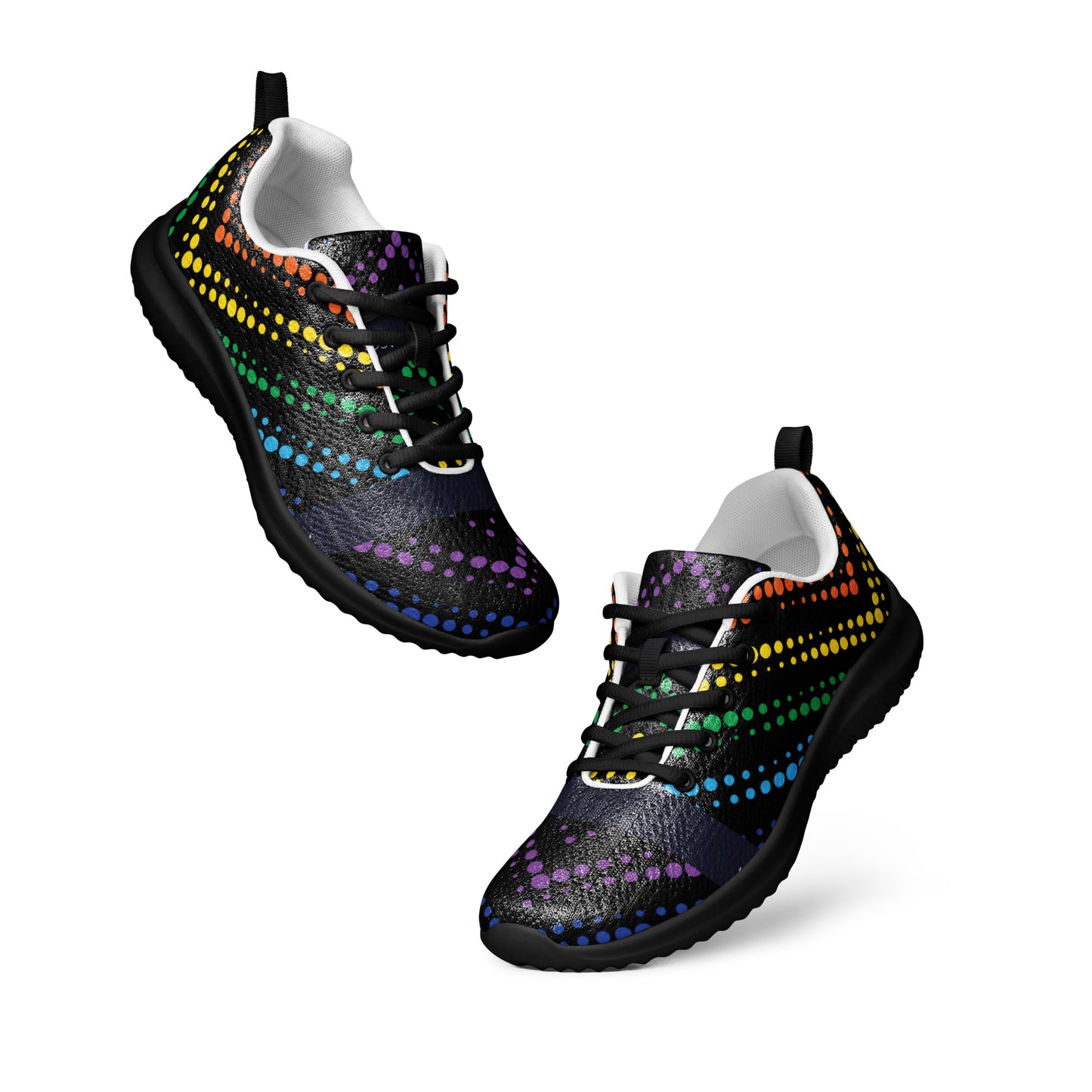 Floating pair of women’s athletic shoes with black sole and black laces in a colorful dotted wave design