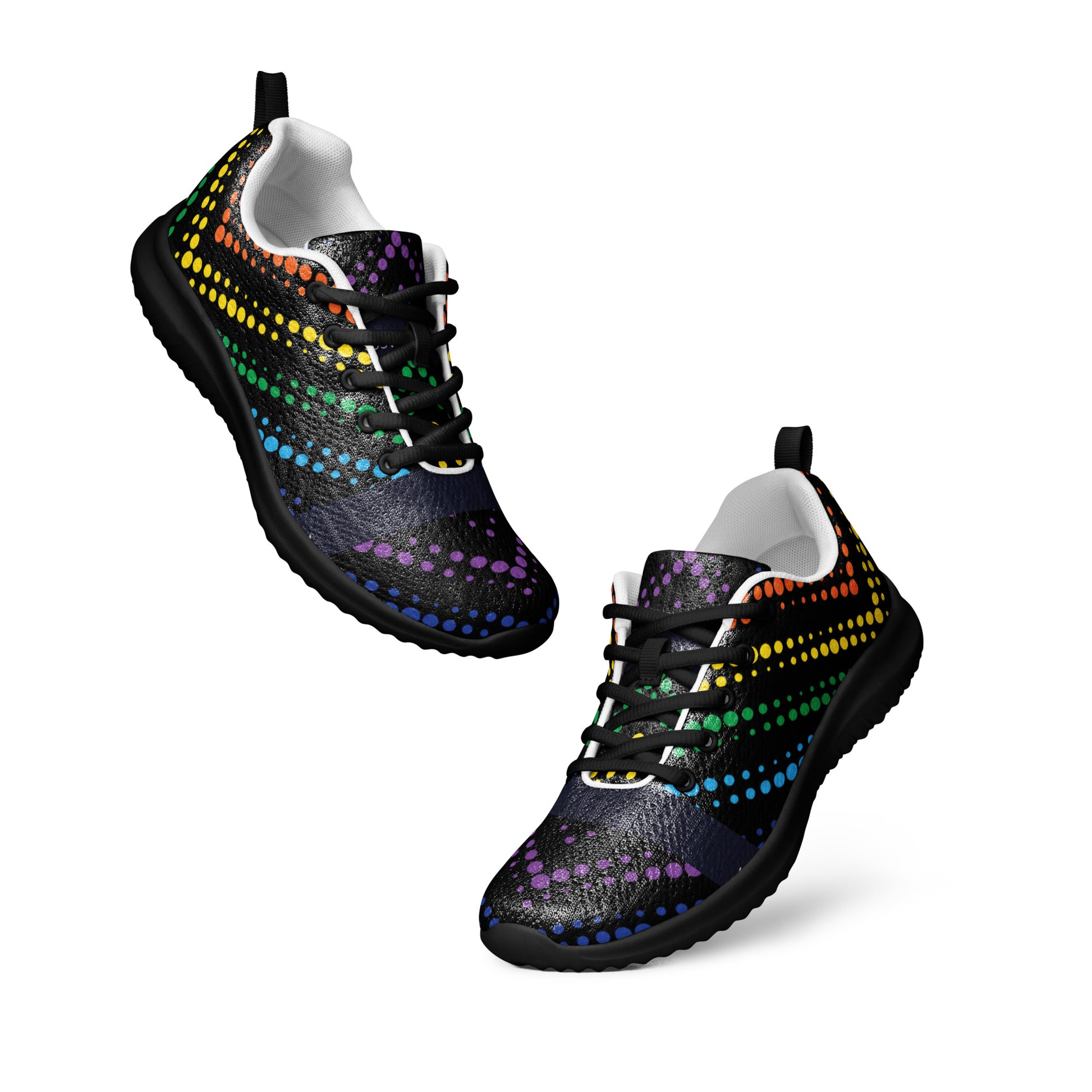 Floating pair of women’s athletic shoes with black sole and black laces in a colorful dotted wave design
