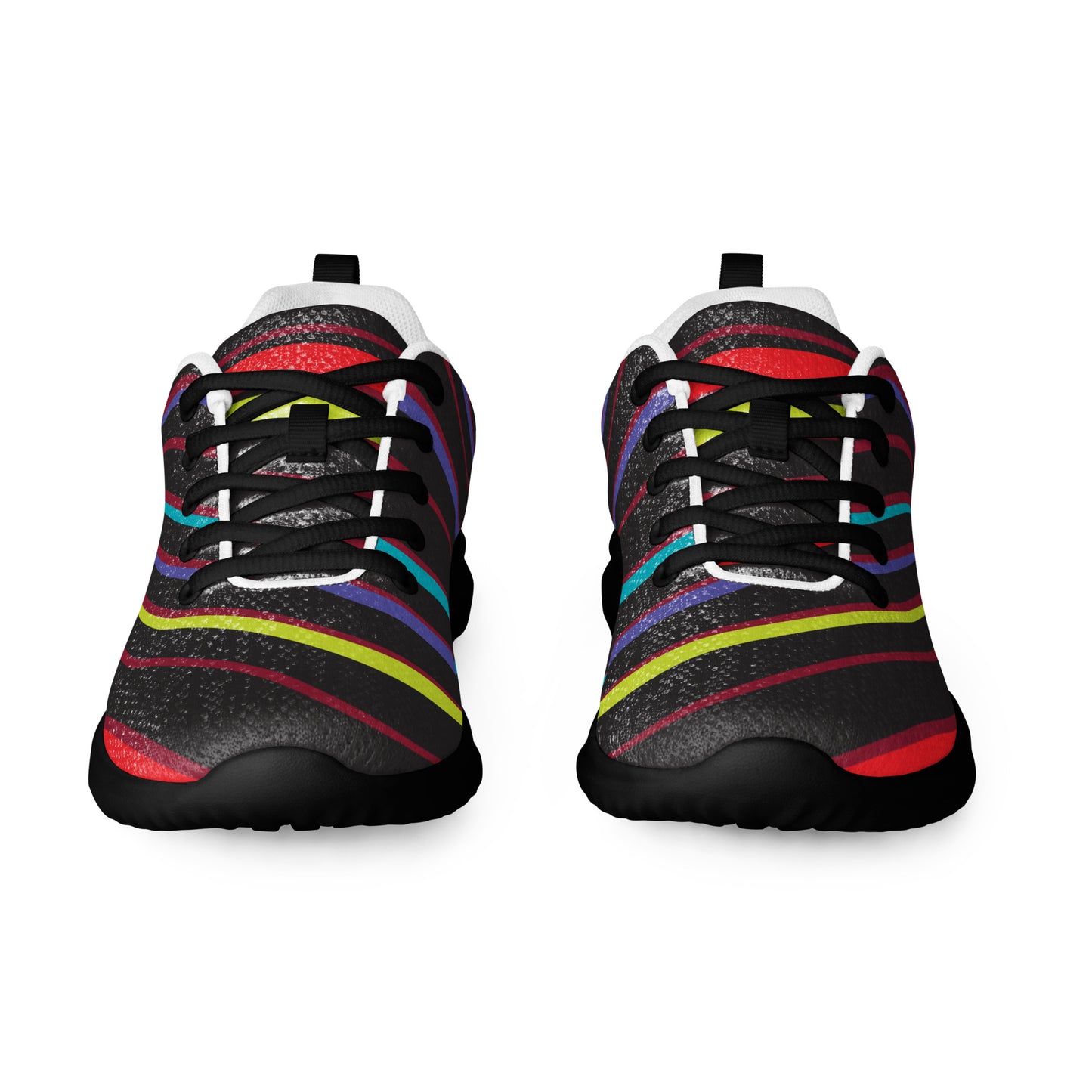 Front view of women’s athletic shoes with black sole and dark textured design with curved red turquoise lime and purple stripes