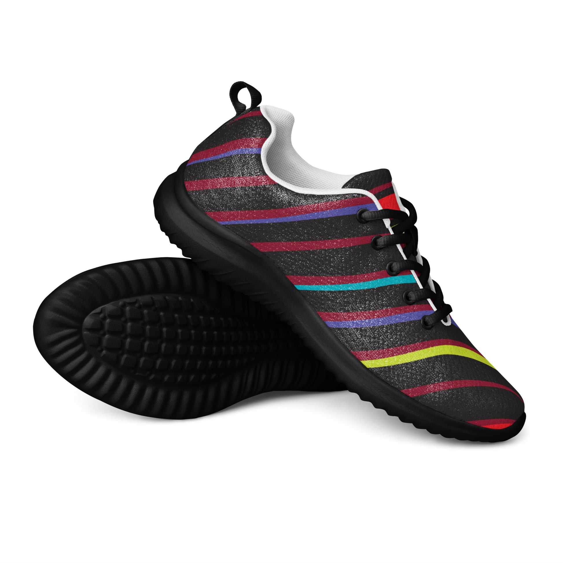 Women’s athletic shoes with black sole and black laces in a dark stripe design with red lime turquoise and purple lines