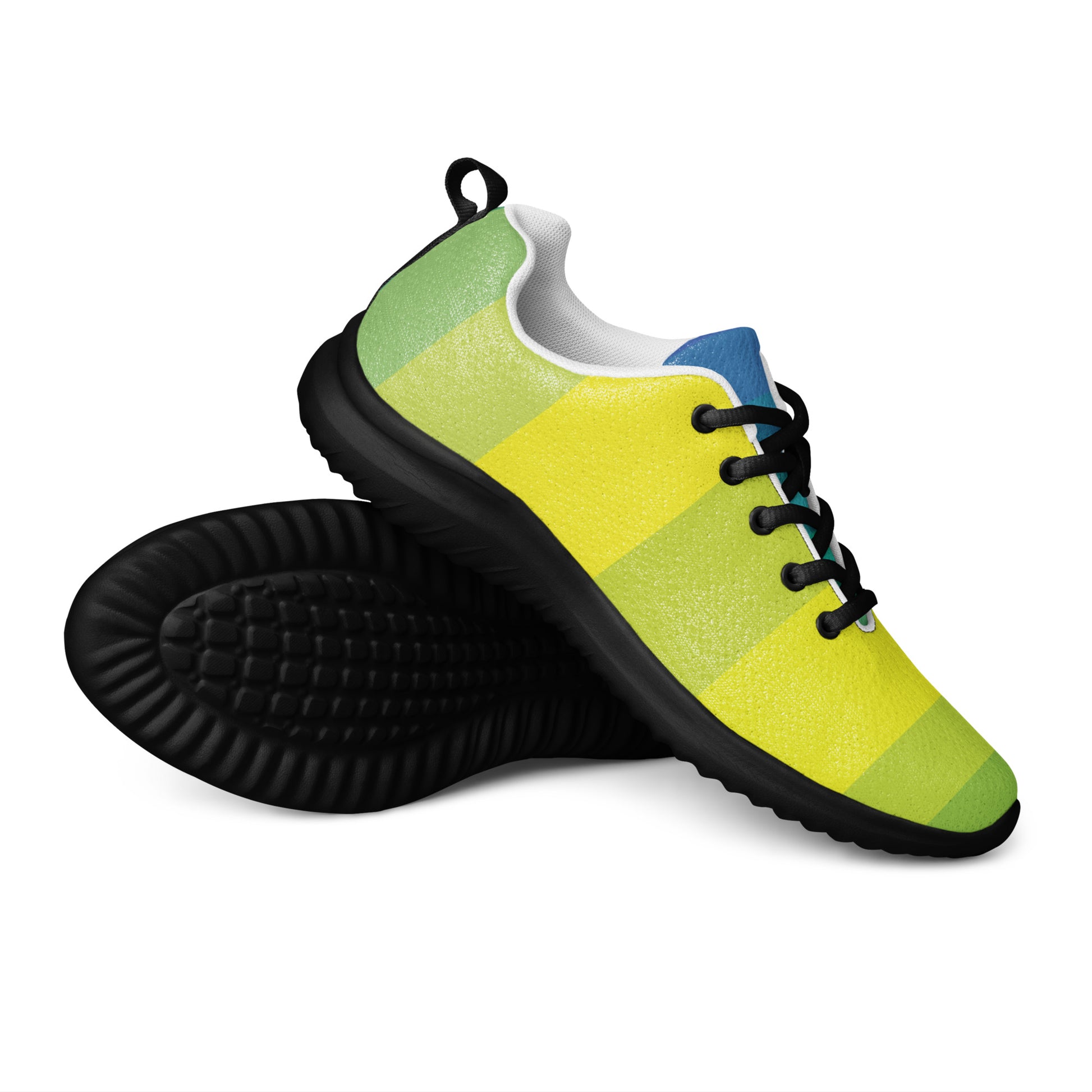 Women’s athletic shoes with black sole in lime green and yellow stripe design with blue tongue detail