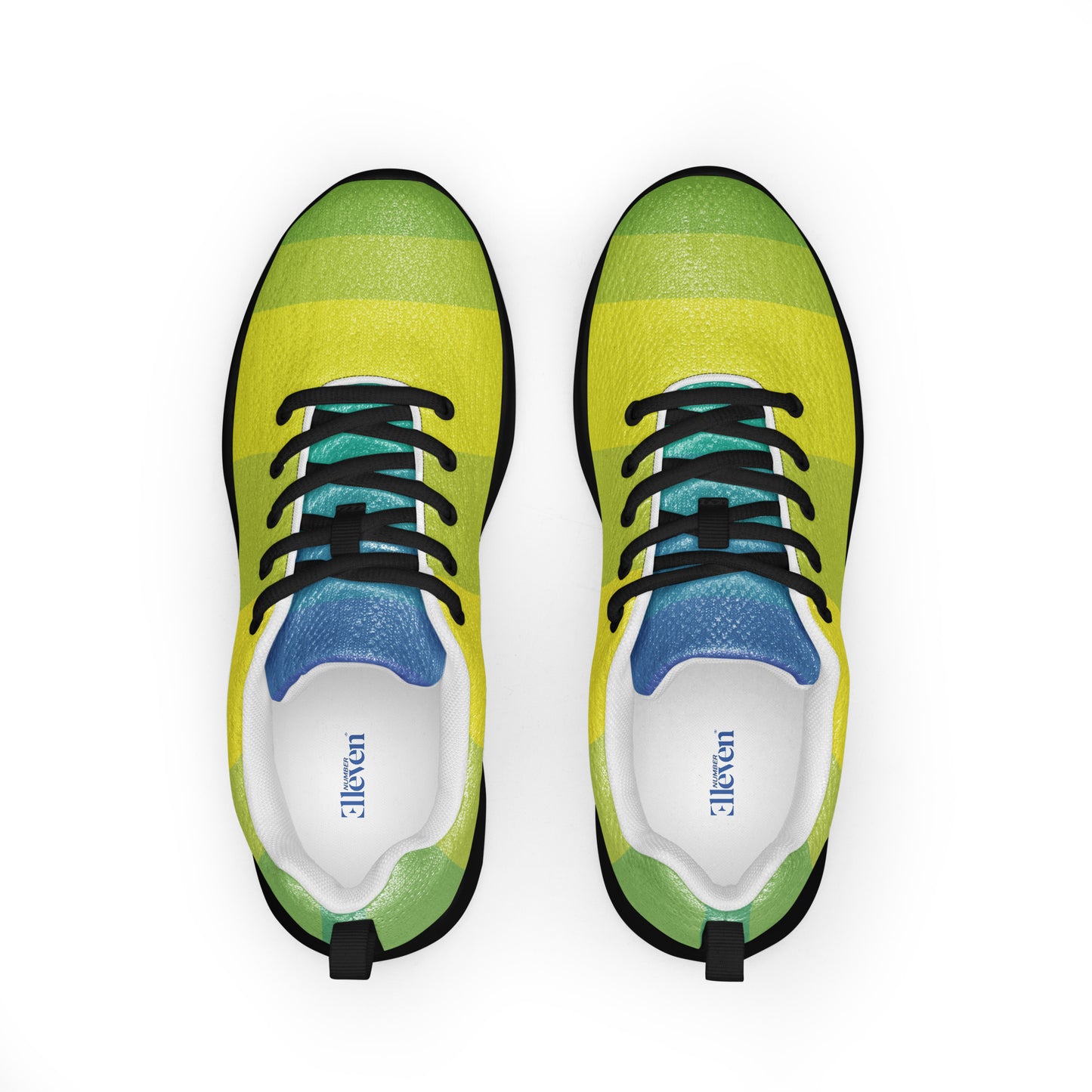 Top view of women’s athletic shoes with lime green and yellow upper, black laces, and blue tongue accents