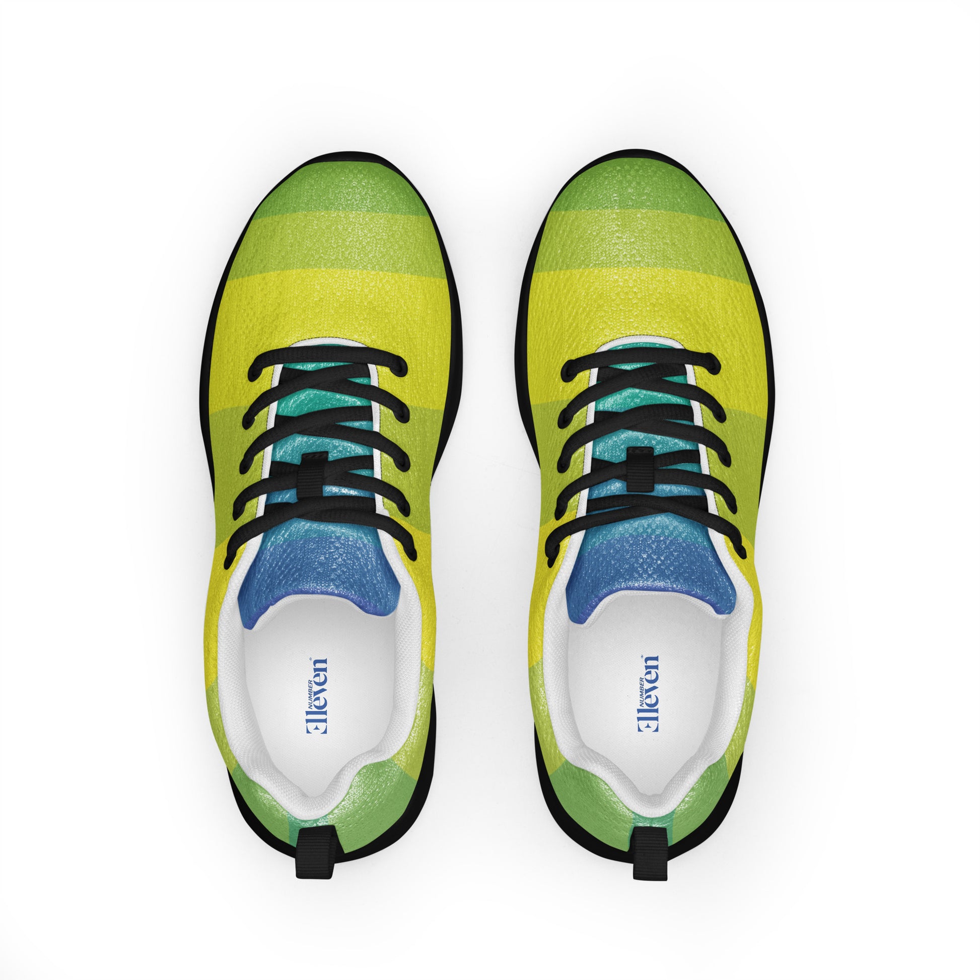 Top view of women’s athletic shoes with lime green and yellow upper, black laces, and blue tongue accents