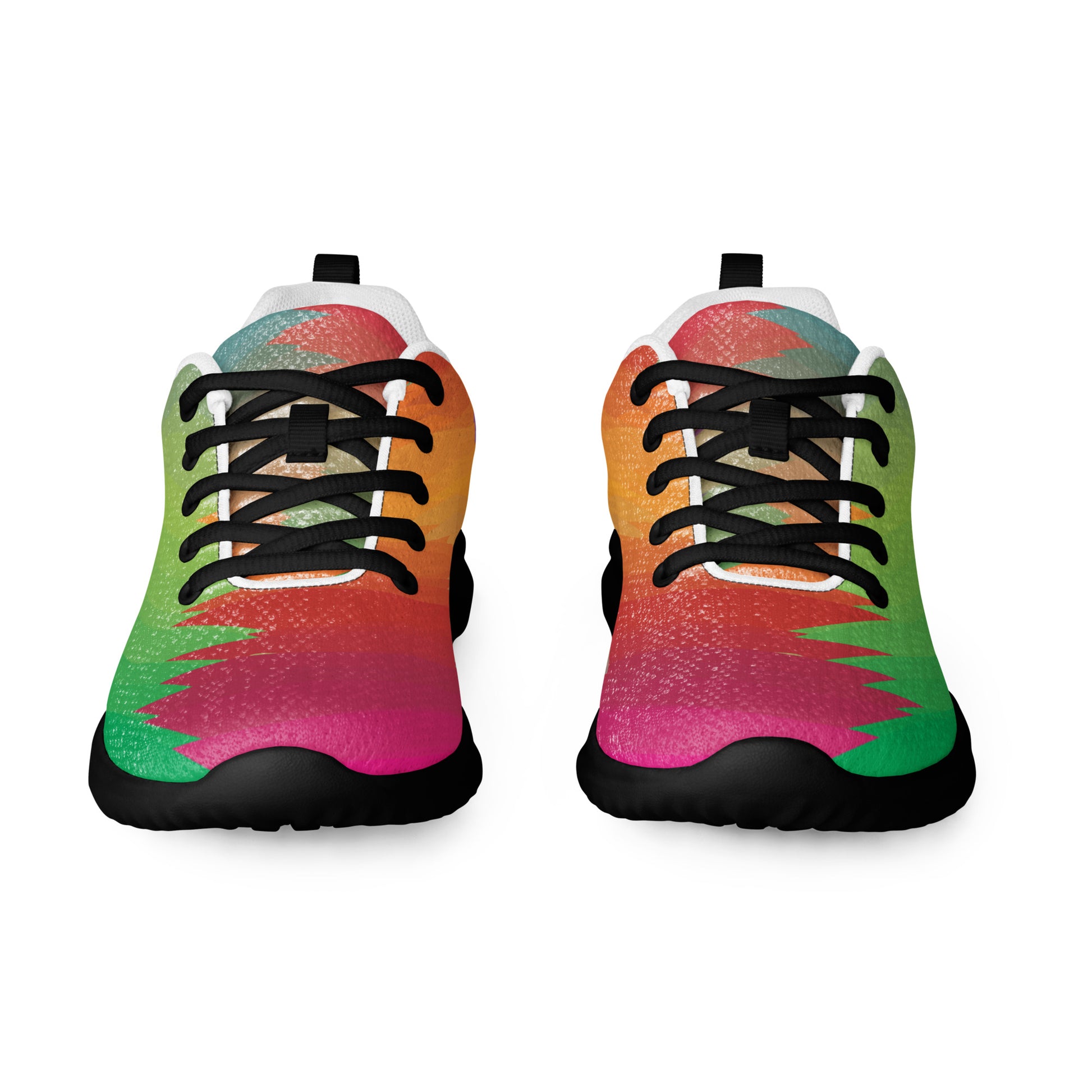 Front view of women’s athletic shoes with black sole, black laces, and colorful zigzag color block design