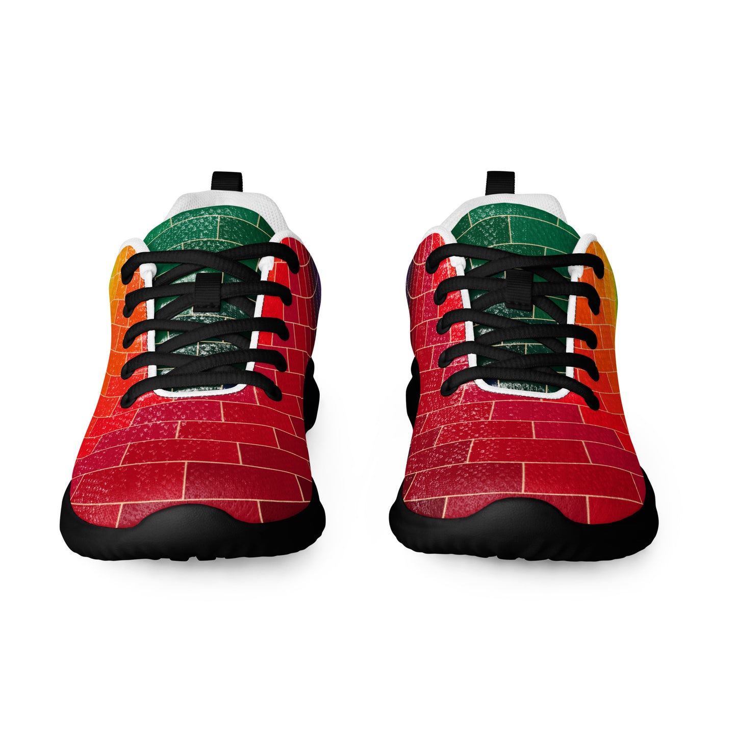 Front view of women’s athletic shoes with black sole, black laces, and red green tile design
