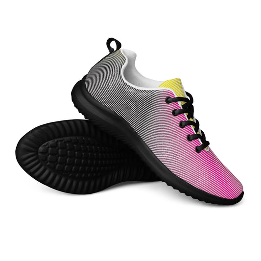 Women’s athletic shoes with thin line spectrum pattern, black sole, and pink-to-black gradient side view