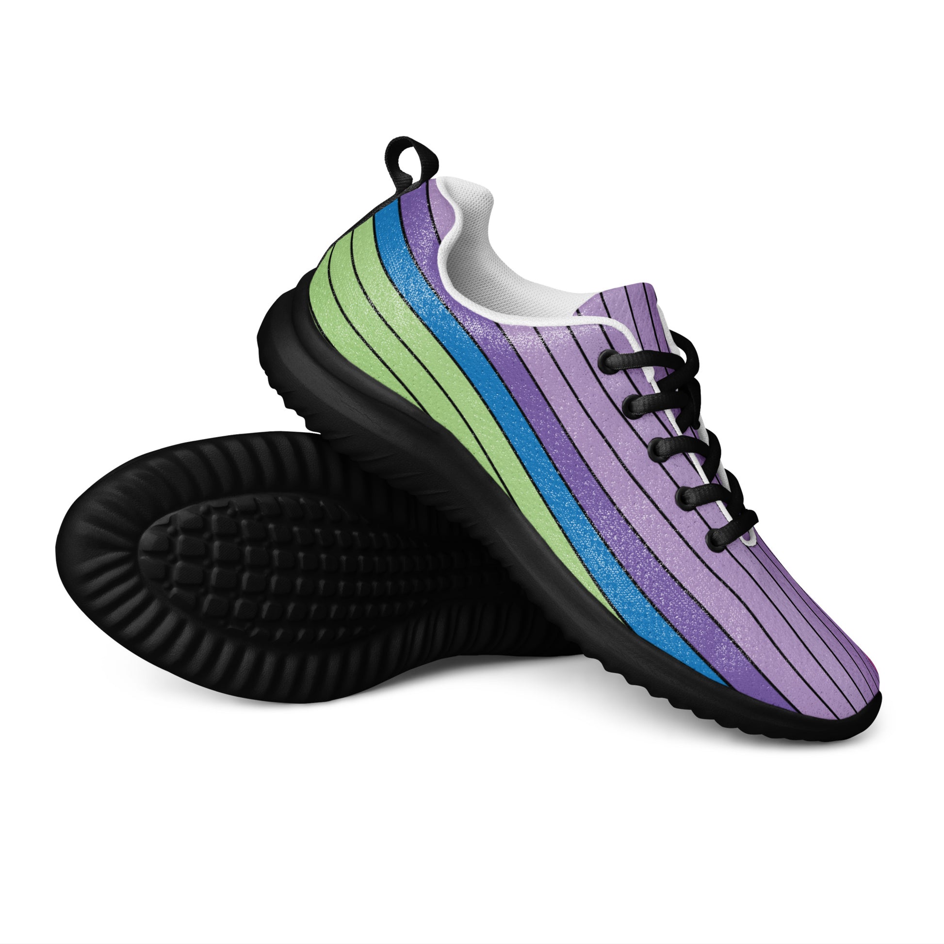 Women’s athletic shoes with pastel curved stripes in lavender, green, and blue, side view, black sole