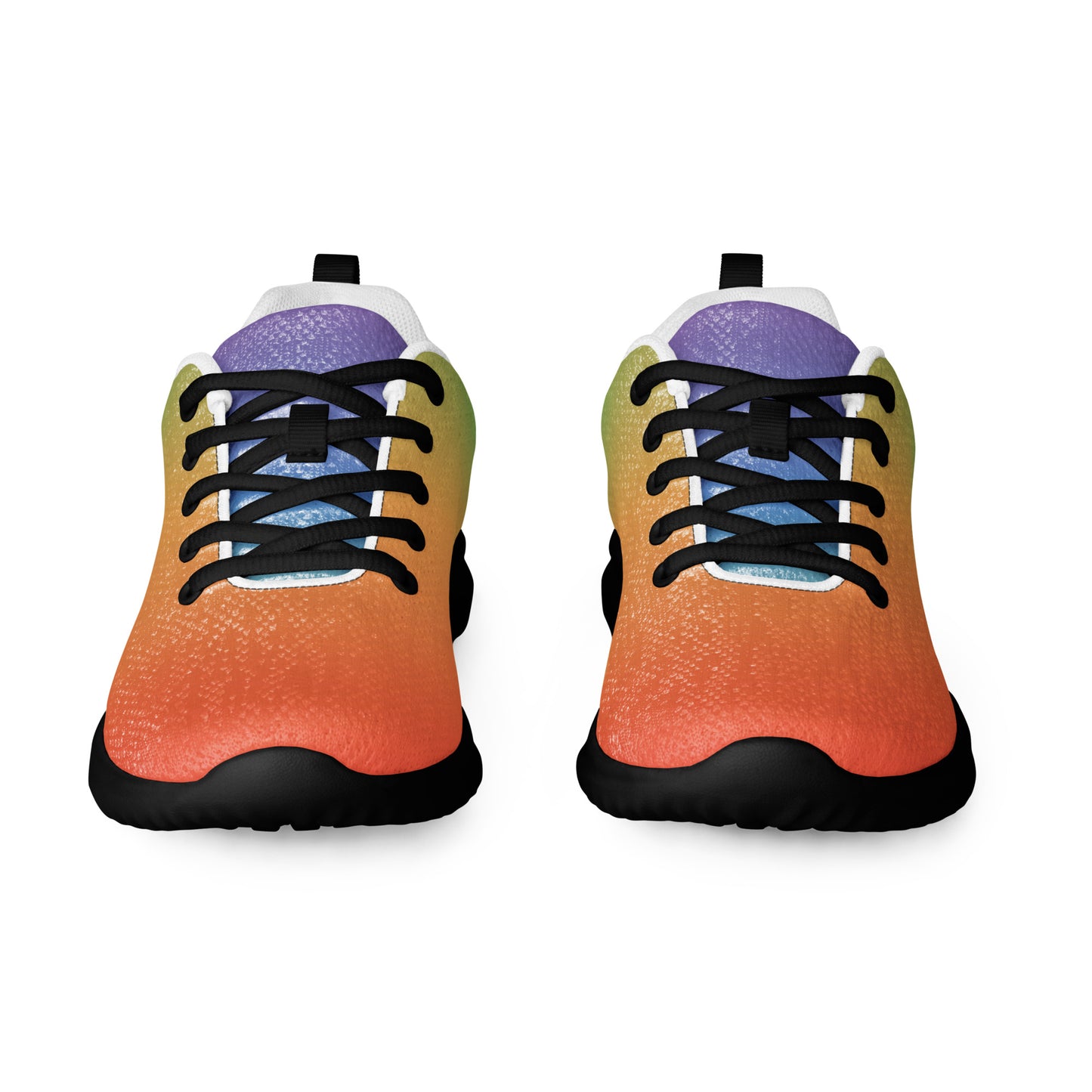 Front view of women’s athletic shoes with orange toe area, purple tongue, black laces, and black sole