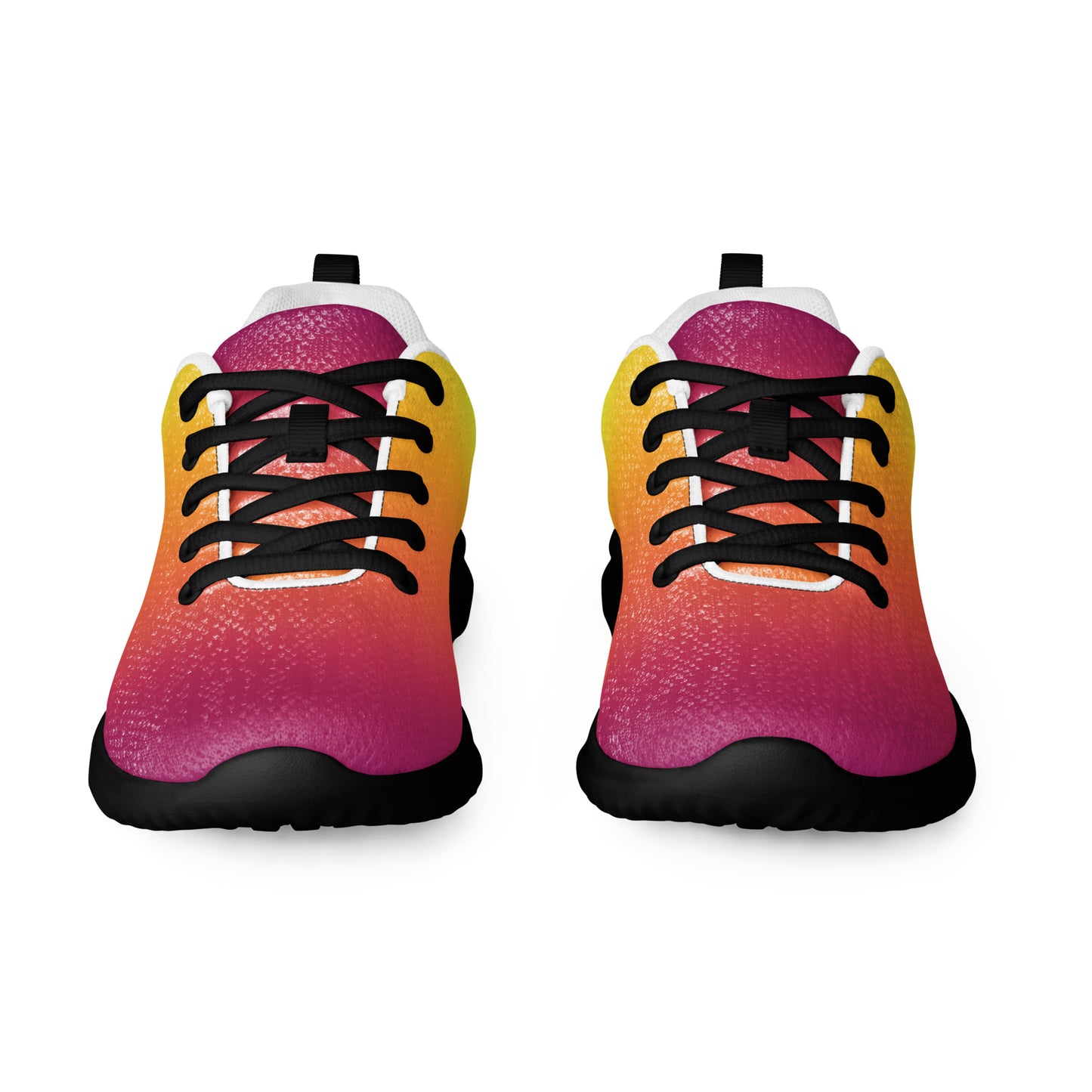 Women’s athletic shoes with yellow, orange, and magenta gradient design, black laces, and black sole, front view