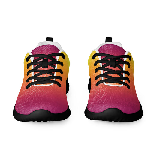 Women’s athletic shoes with yellow, orange, and magenta gradient design, black laces, and black sole, front view