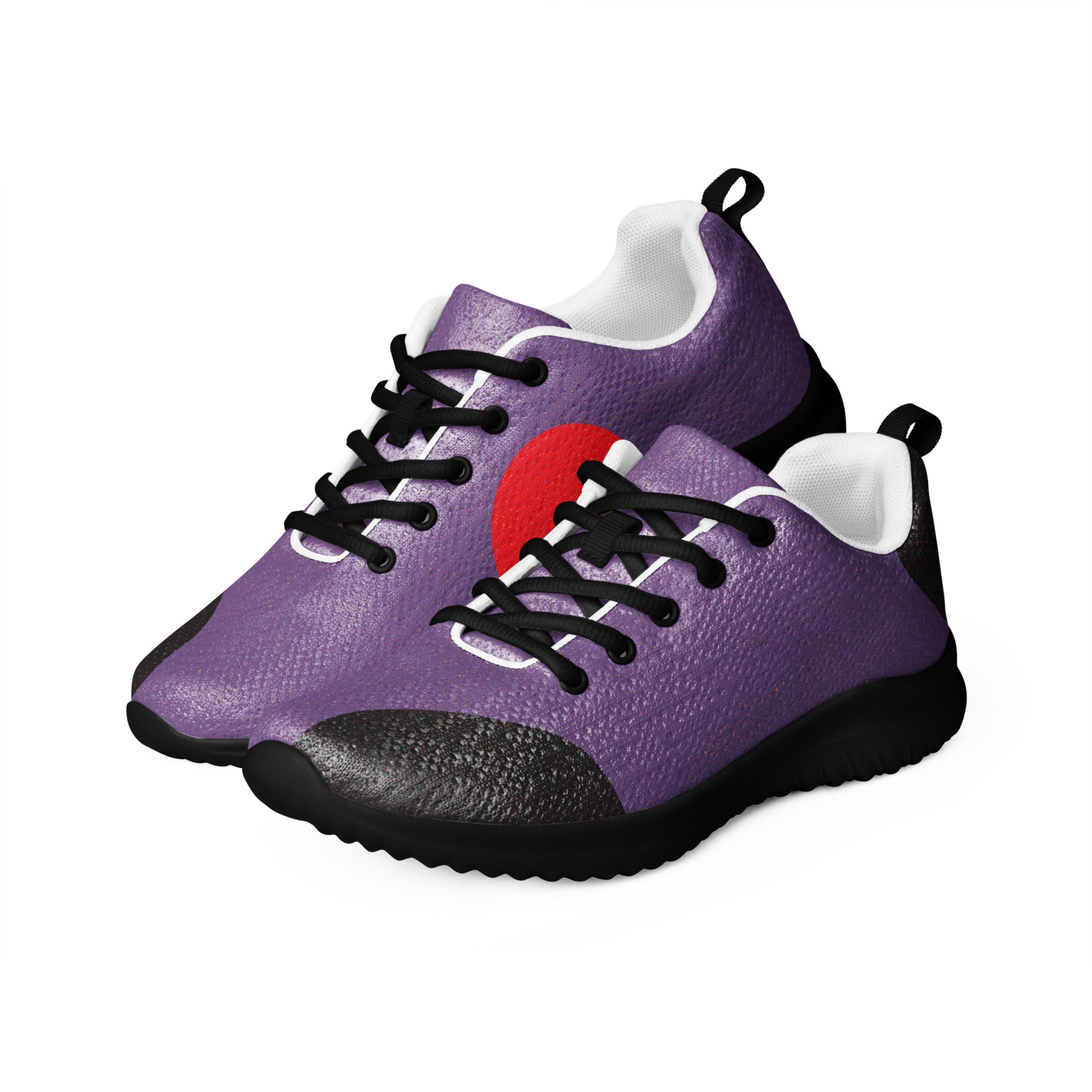 purple women's athletic sneakers black heel red accent