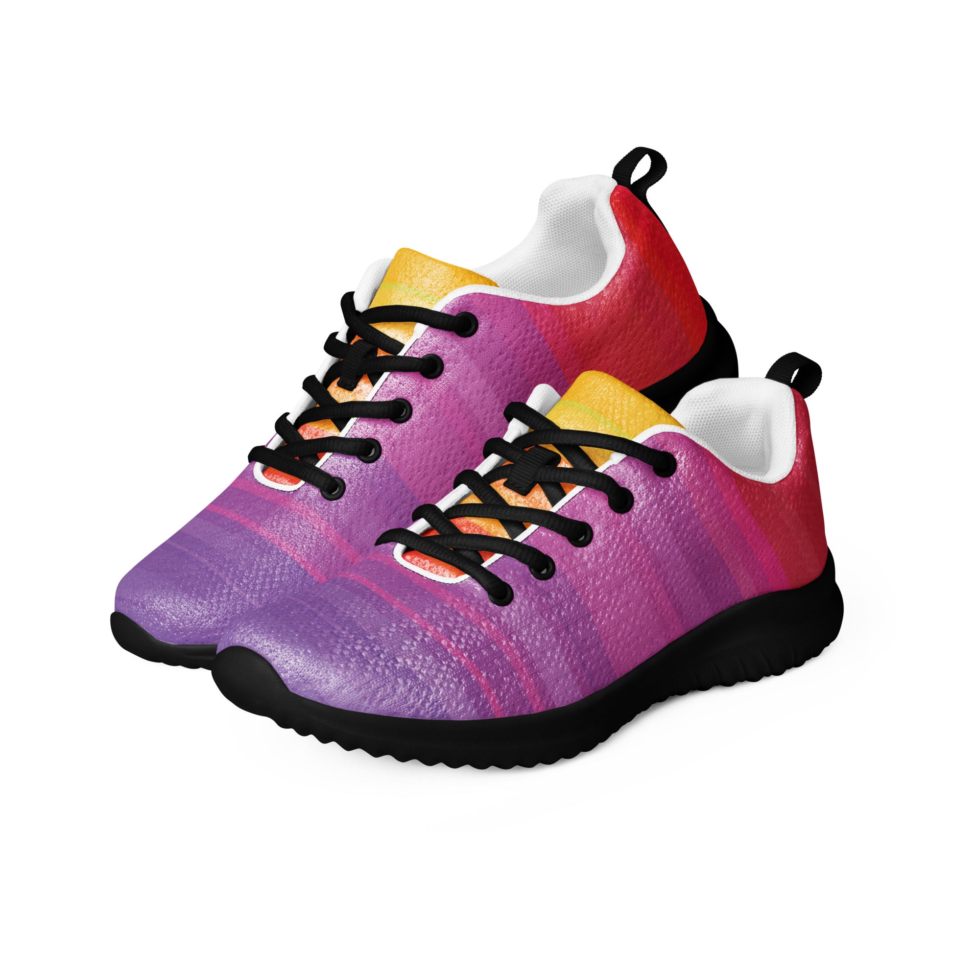 floating women’s athletic sneakers with pink to purple fade stripe pattern and black sole