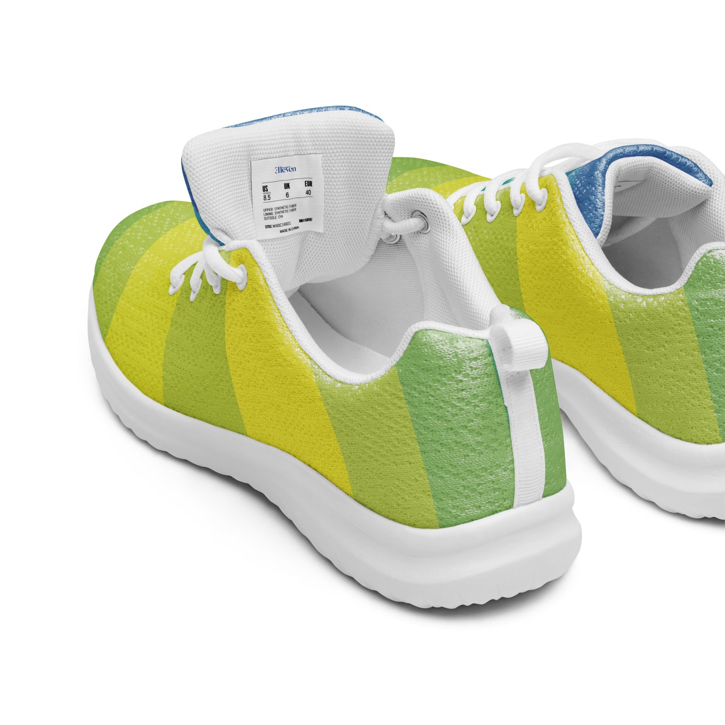 Back and side view of women’s athletic shoes in yellow and green color-block stripe pattern with white sole