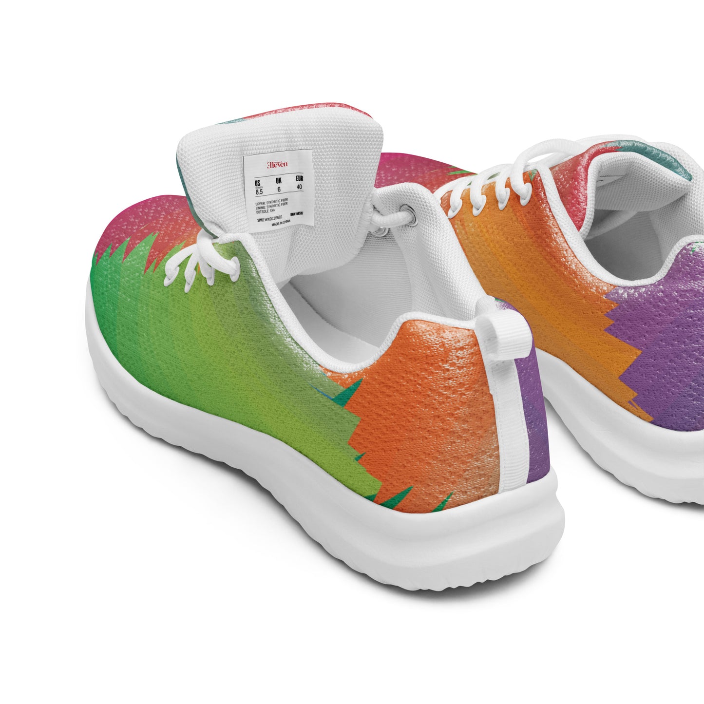 Back view of women’s athletic shoes with white sole and colorful jagged geometric pattern