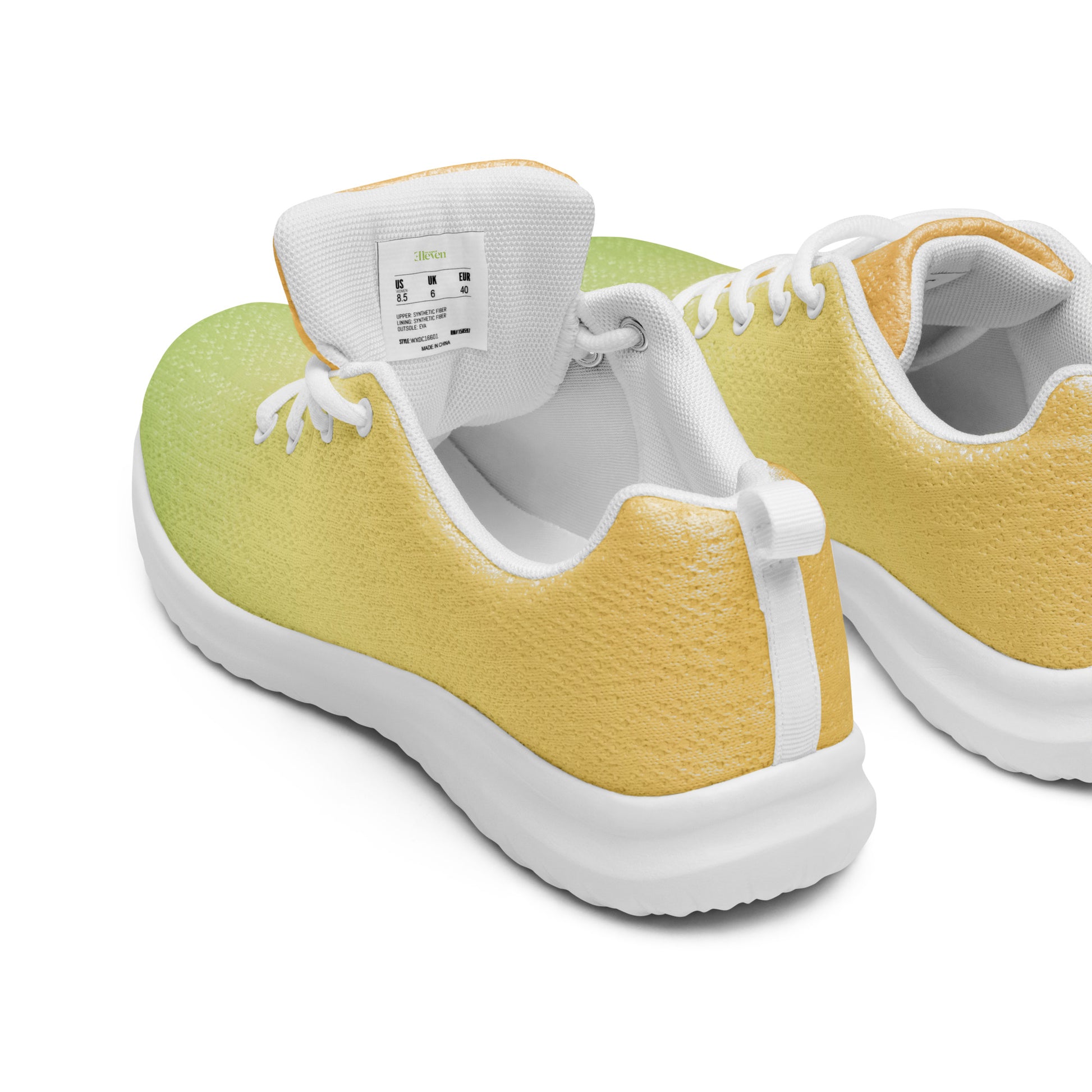 Rear angled view of women’s athletic shoes with pastel yellow to green fade design and white sole
