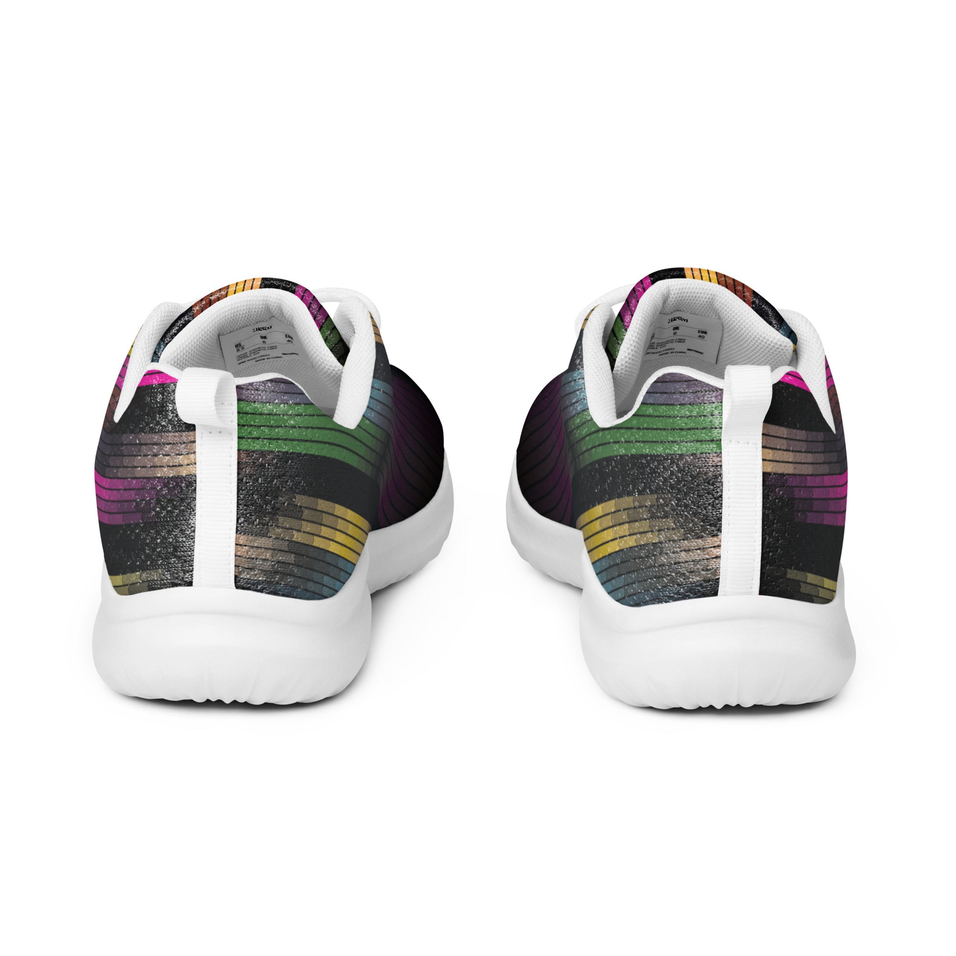Back view of women’s athletic shoes with dark gradient texture, vertical color bands, white heel pull tabs, and white sole