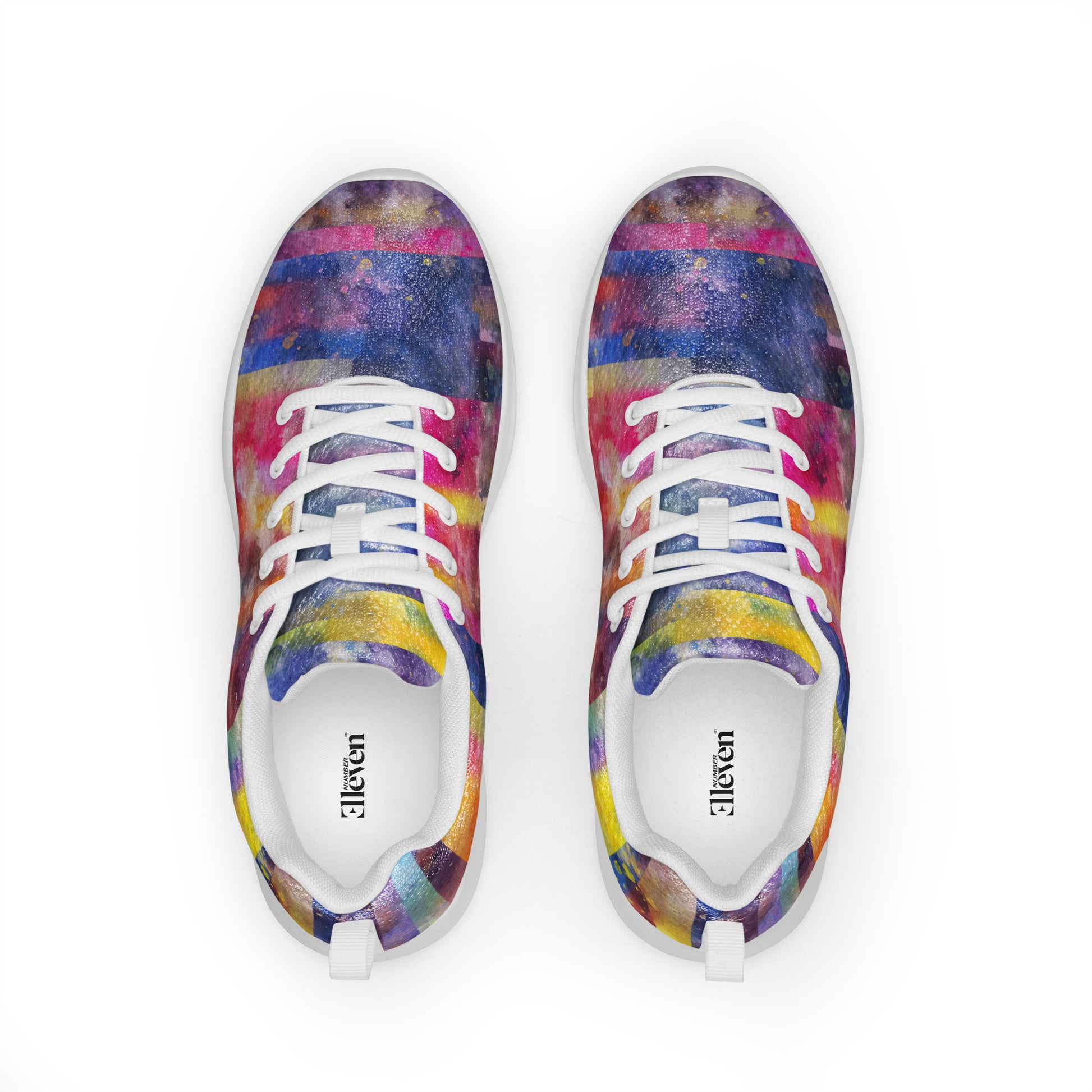 women’s athletic shoes colorful watercolor stripe abstract design top view