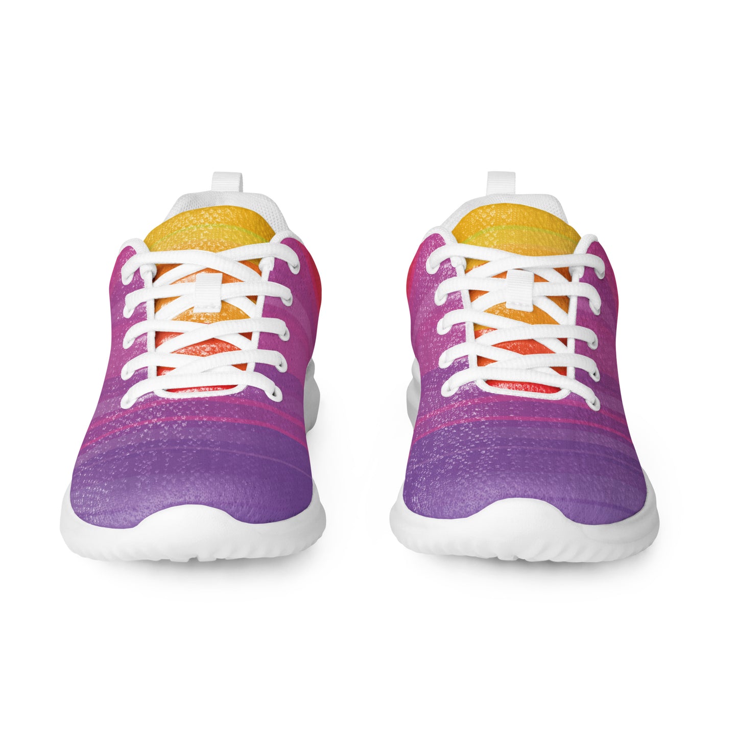 women’s athletic shoes in pink, lilac, and purple striped gradient design with white sole