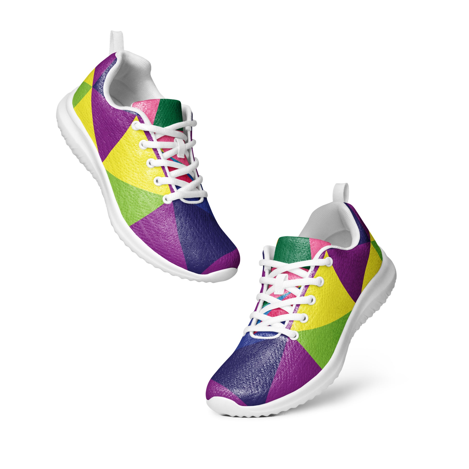women’s athletic shoes with bright geometric color block design and white sole