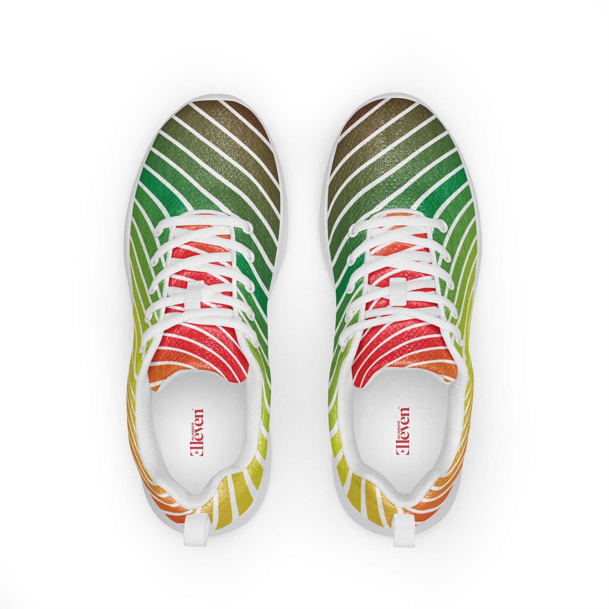 top view of women’s athletic shoes with curved white stripe pattern and green yellow orange red gradient on white sole