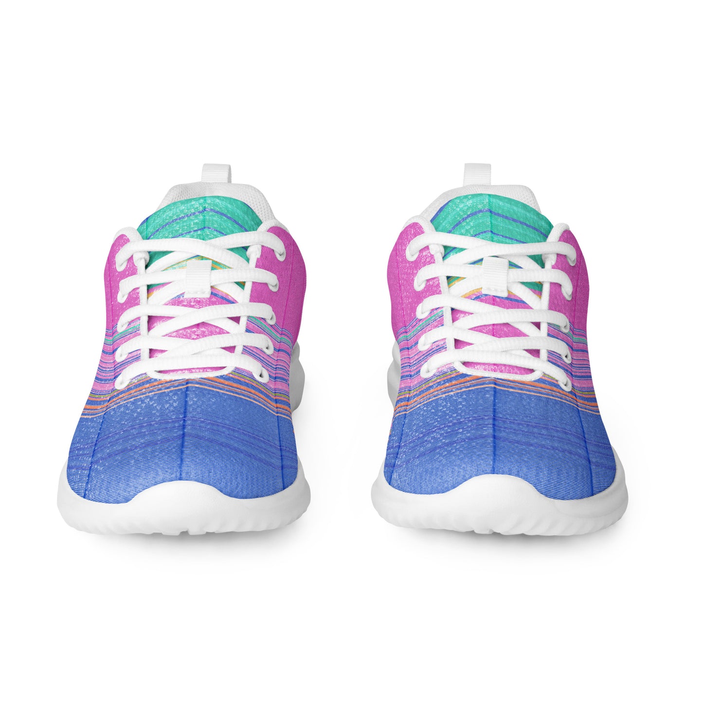 Front view of women’s athletic shoes with white laces and blue pink turquoise geometric gradient design