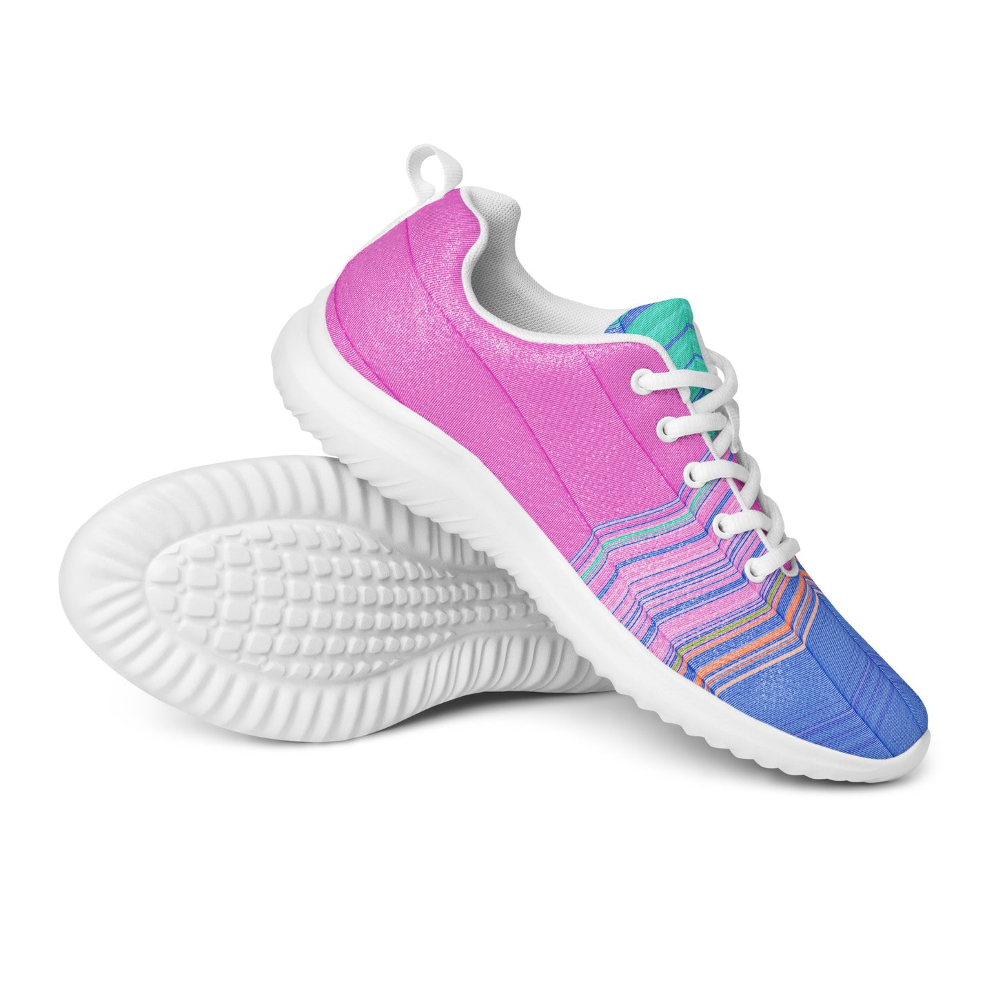 Women’s athletic shoes with white sole in pink blue and turquoise gradient design with fine geometric line detail