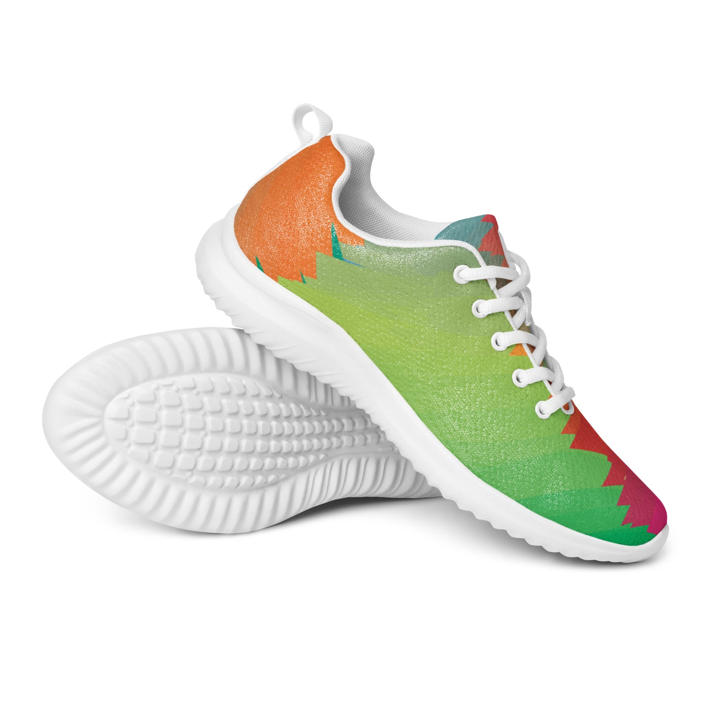 Women’s athletic shoes with white sole featuring green, orange, red, and magenta geometric color blocks