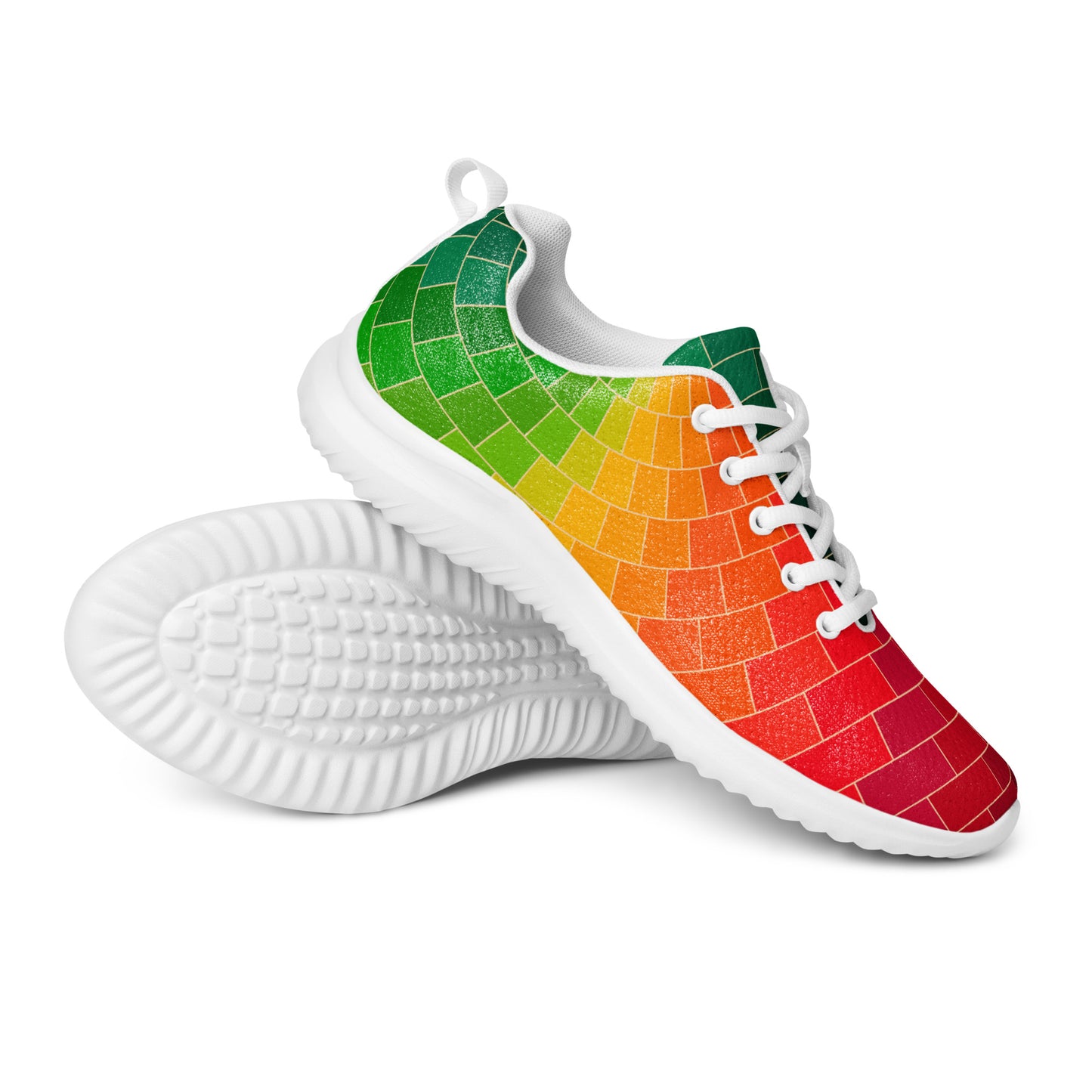 Women’s athletic shoes with white sole and colorful tile-inspired geometric gradient design