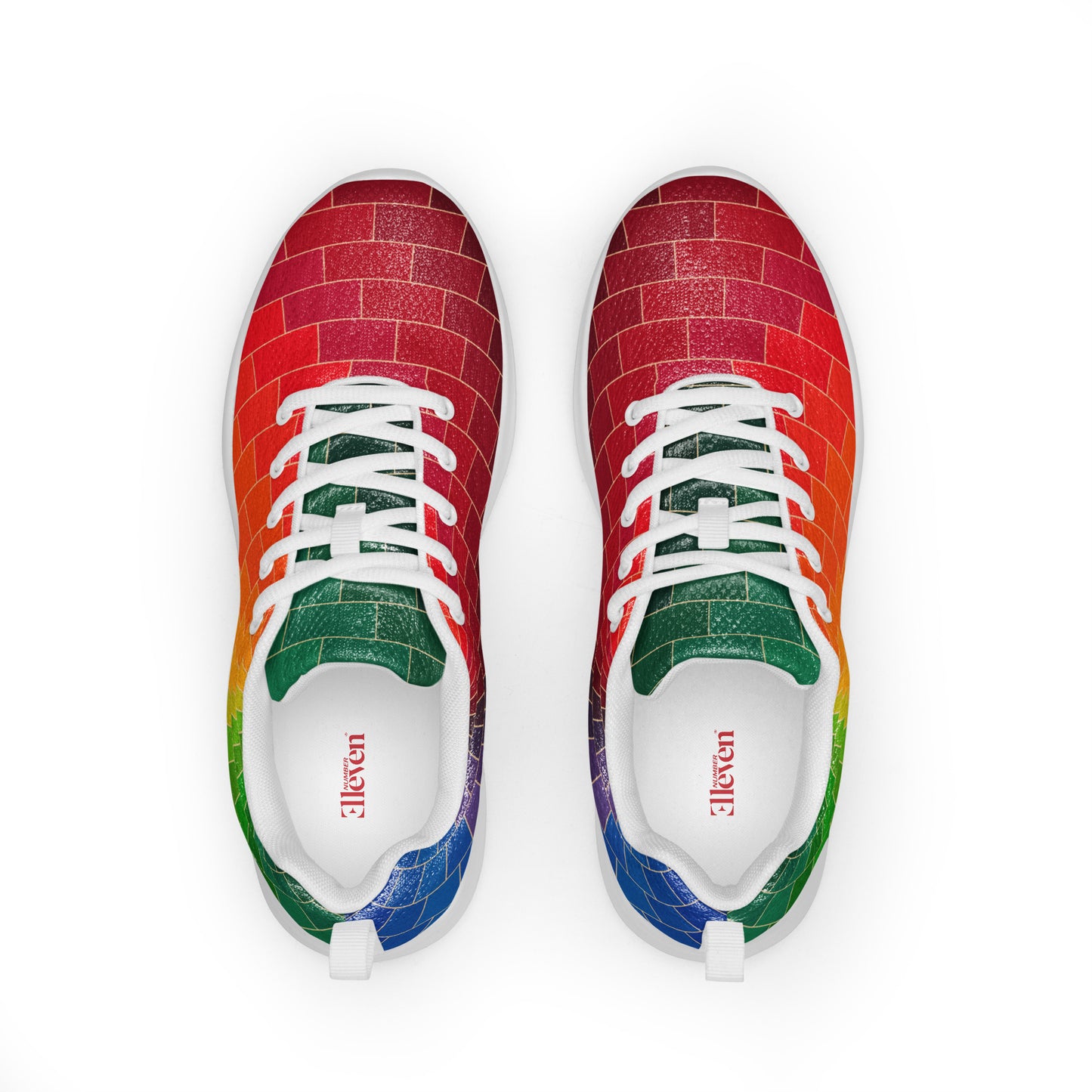 Top view of women’s athletic shoes with white laces and vivid chromatic geometric linework