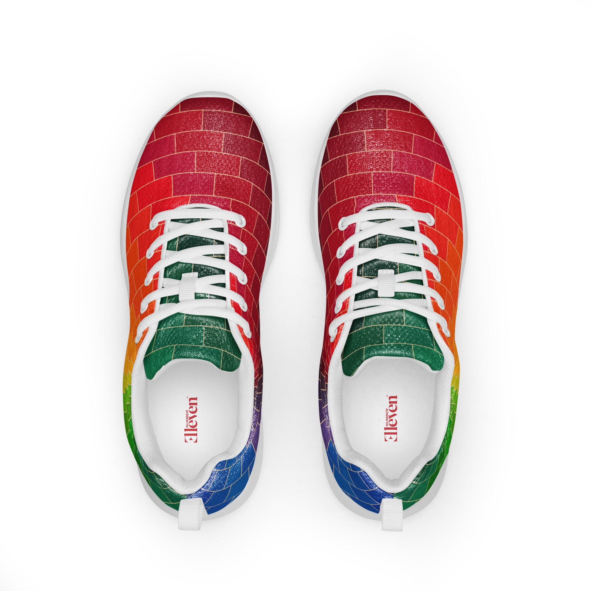 Top view of women’s athletic shoes with white laces and vivid chromatic geometric linework